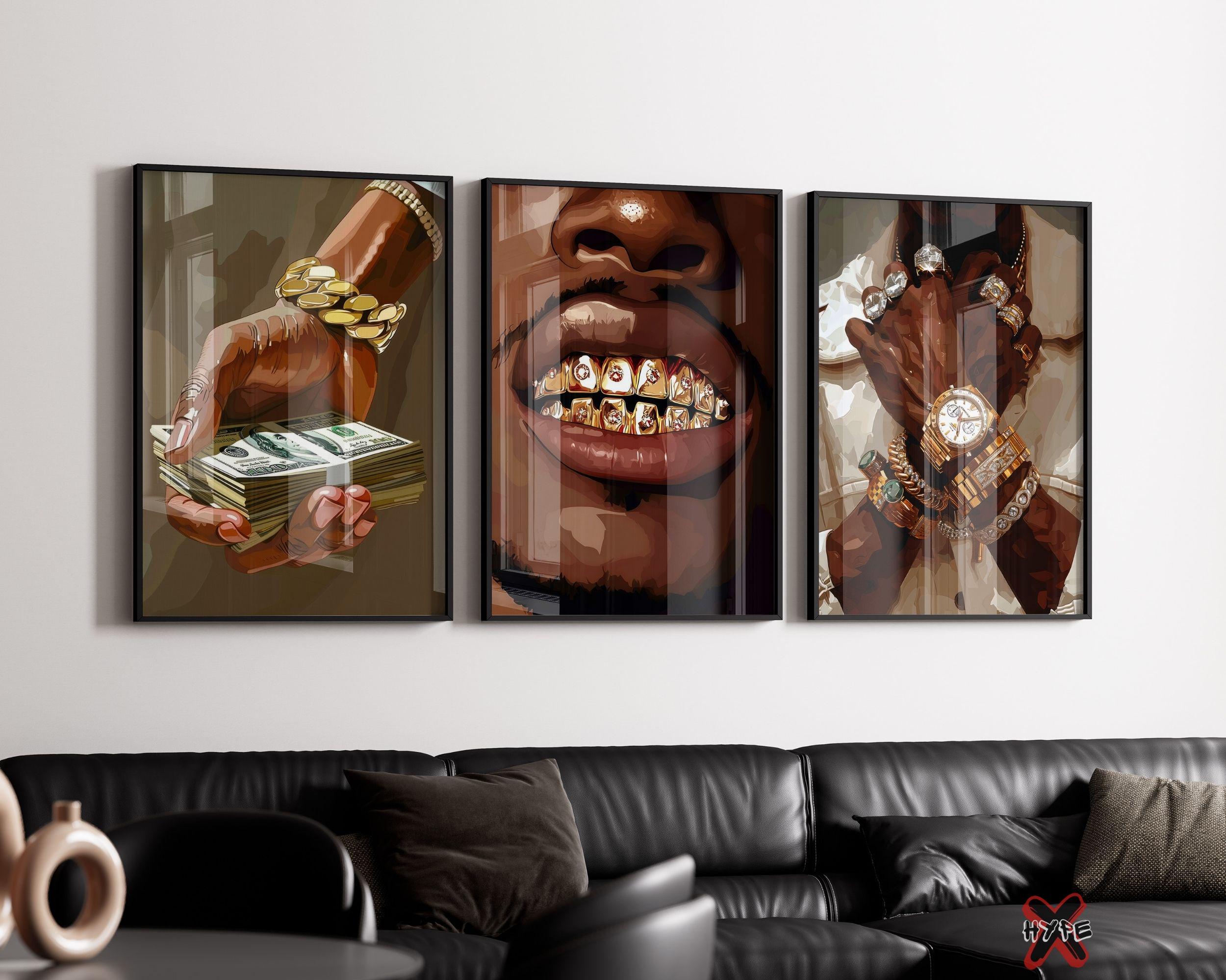 Set di 3 stampe artistiche di Black Man, stampa artistica di Grillz Black, poster di denti d'oro, arte murale ricca, arredamento alla moda Hypebeast,