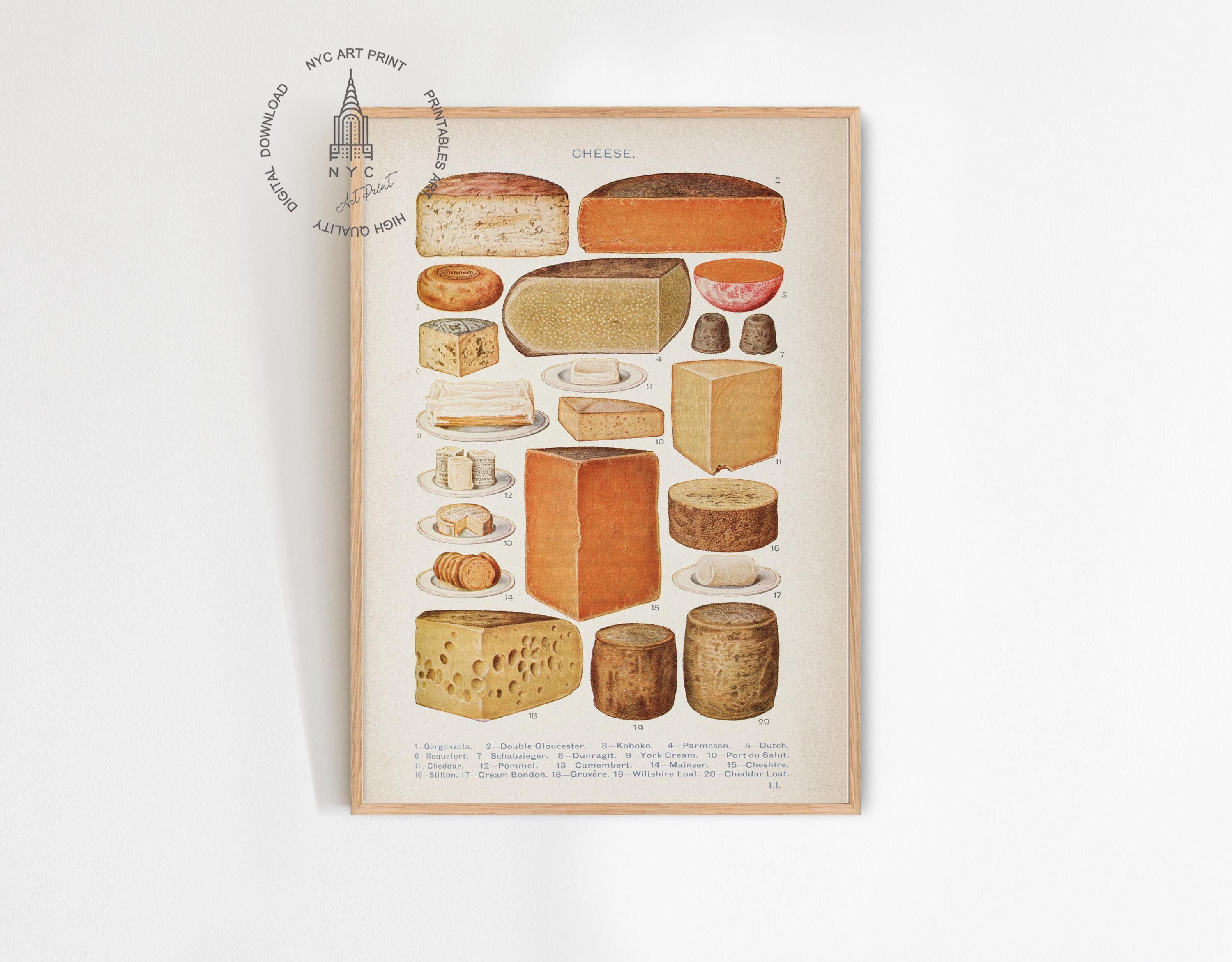 Stampa vintage di formaggi, Arte murale stampabile con formaggi, Quadro antico con tabella dei formaggi, Natura morta in cucina con formaggi, Arte gou
