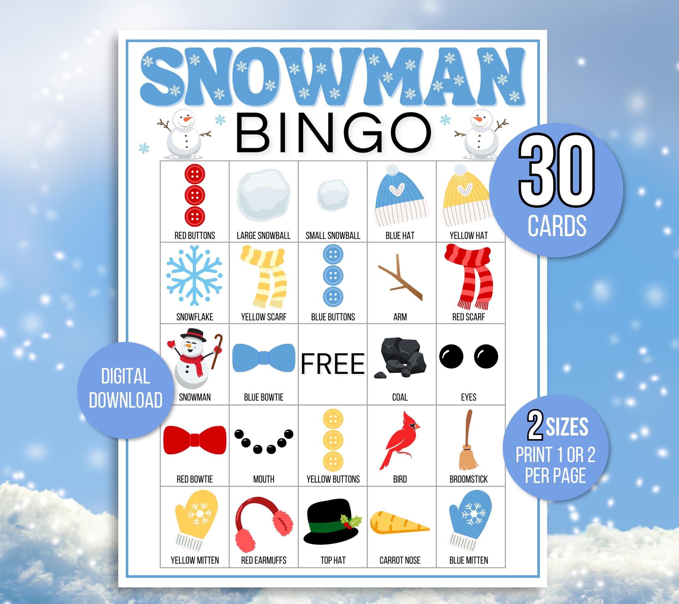 Bingo del pupazzo di neve, Bingo invernale, 30 schede del bingo del pupazzo di neve stampabili, attività invernale, gioco di società invernale, attivi