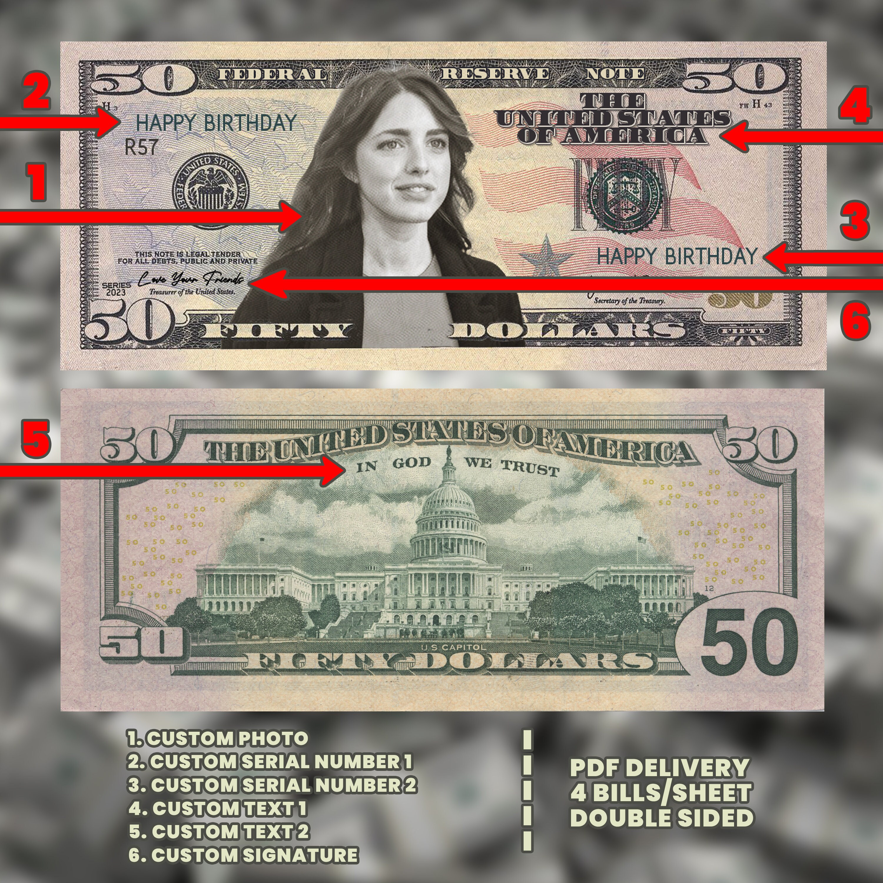 Il tuo volto sui soldi, soldi da gioco, banconota da 50 dollari, soldi per feste, soldi personalizzati, soldi da gioco, banconota da un dollaro person