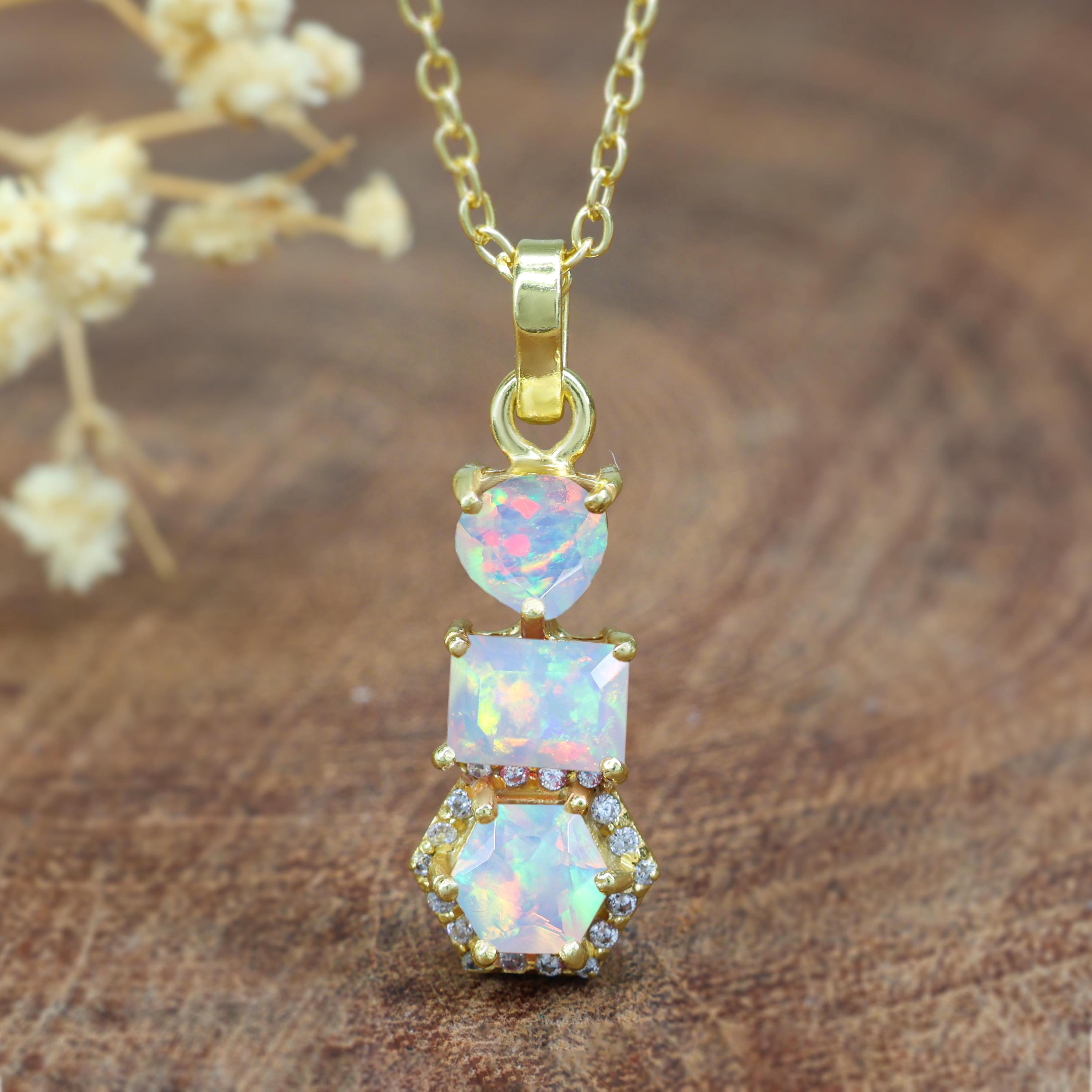 Collana con ciondolo in opale bianco etiope AAA, collana con catena in oro, collana con ciondolo in opale di fuoco vintage, regalo di anniversario, ar