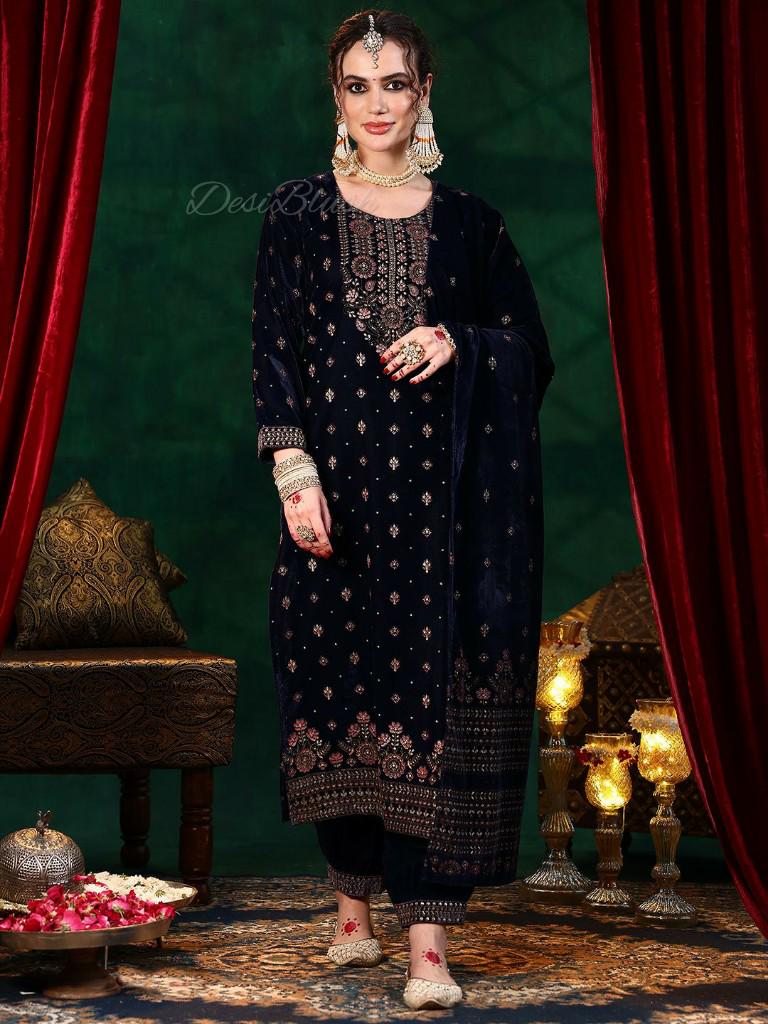 Set Kurta in velluto per donna - Kurta ricamato blu navy con pantaloni e dupatta - Abbigliamento da festa indiano - Set Salwar Kameez - Abito indiano