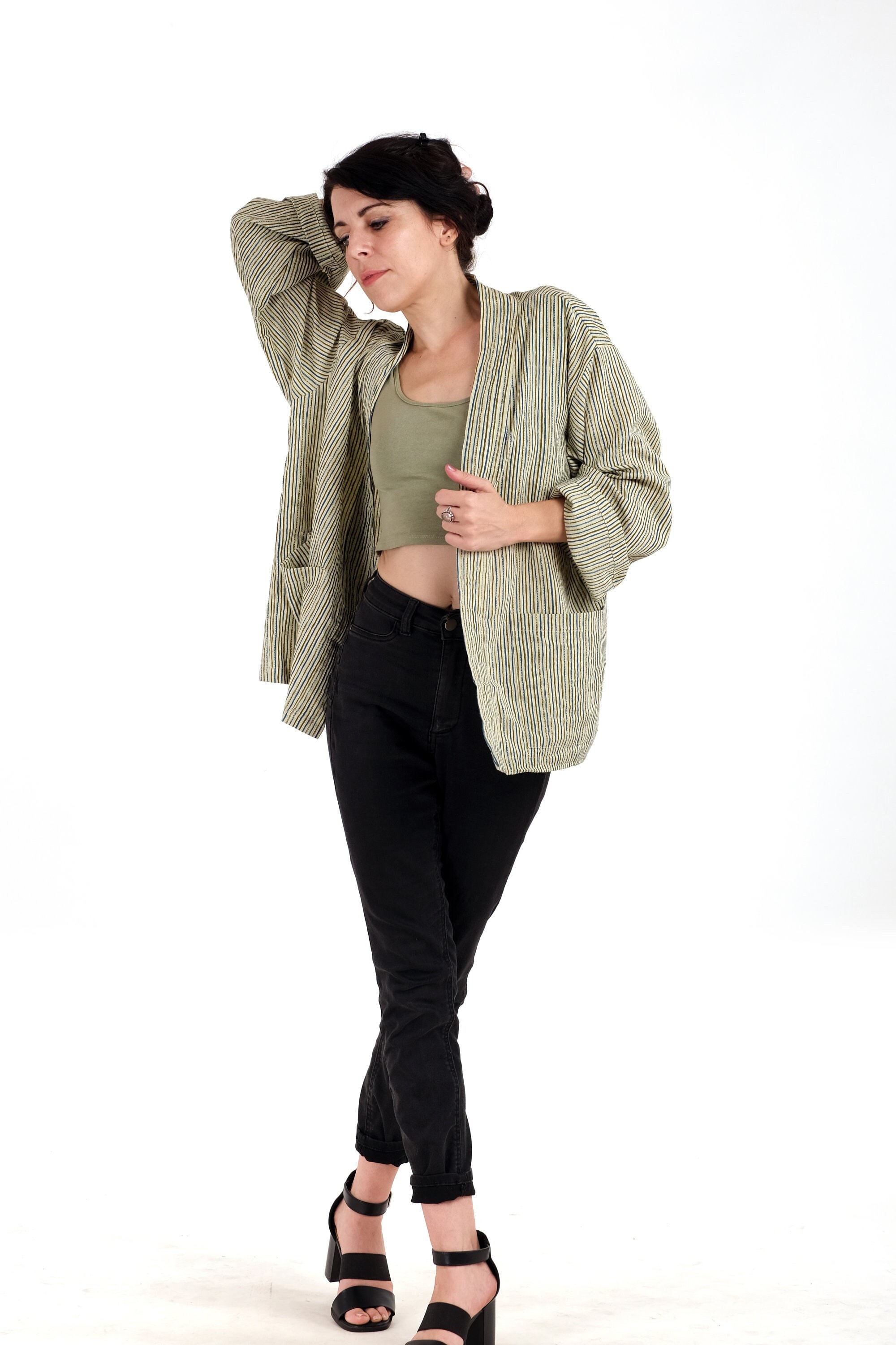 Kimono beige da donna con tasche, giacca kimono a righe, cardigan da donna, cardigan leggero da donna, vestaglia kimono, coperta boho, giacca estiva