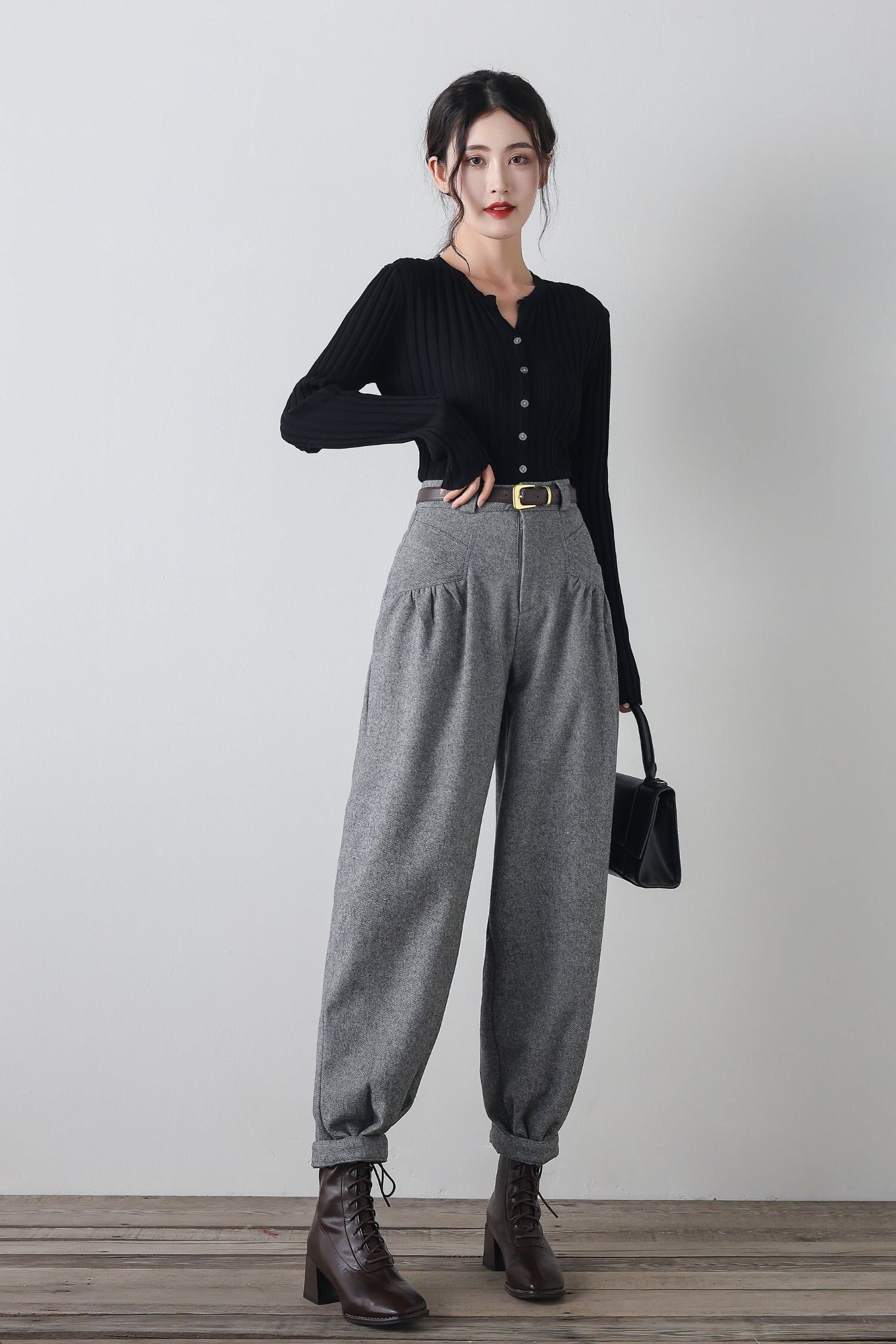 Pantaloni in lana grigia, pantaloni da donna, pantaloni a gamba larga, pantaloni harem da donna, pantaloni larghi, pantaloni a vita alta, pantaloni au