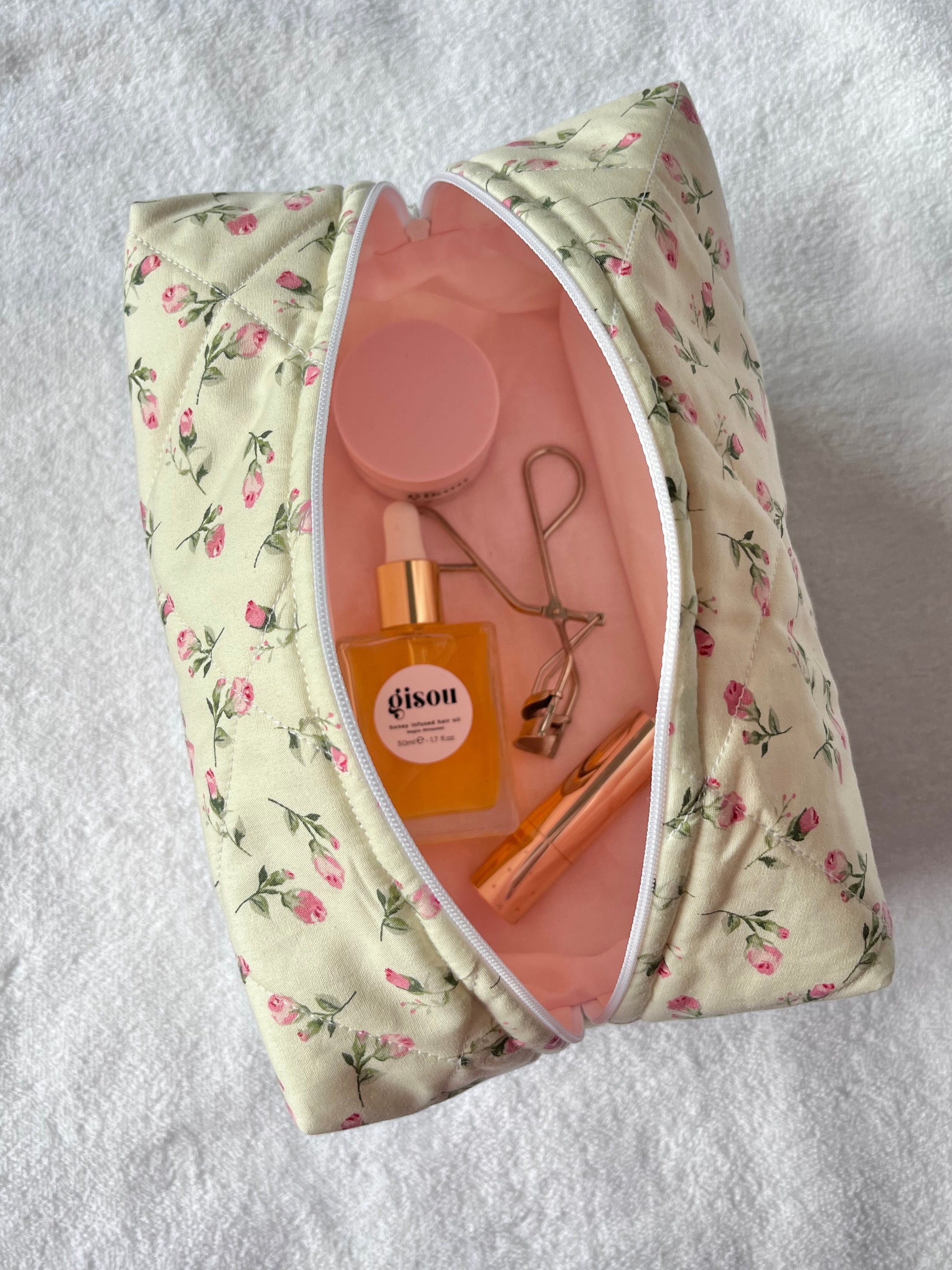 Borsa per il trucco trapuntata fatta a mano - Borsa per rose - Borsa per cosmetici, borsa da toilette, borsa per il trucco, borsa per il trucco florea