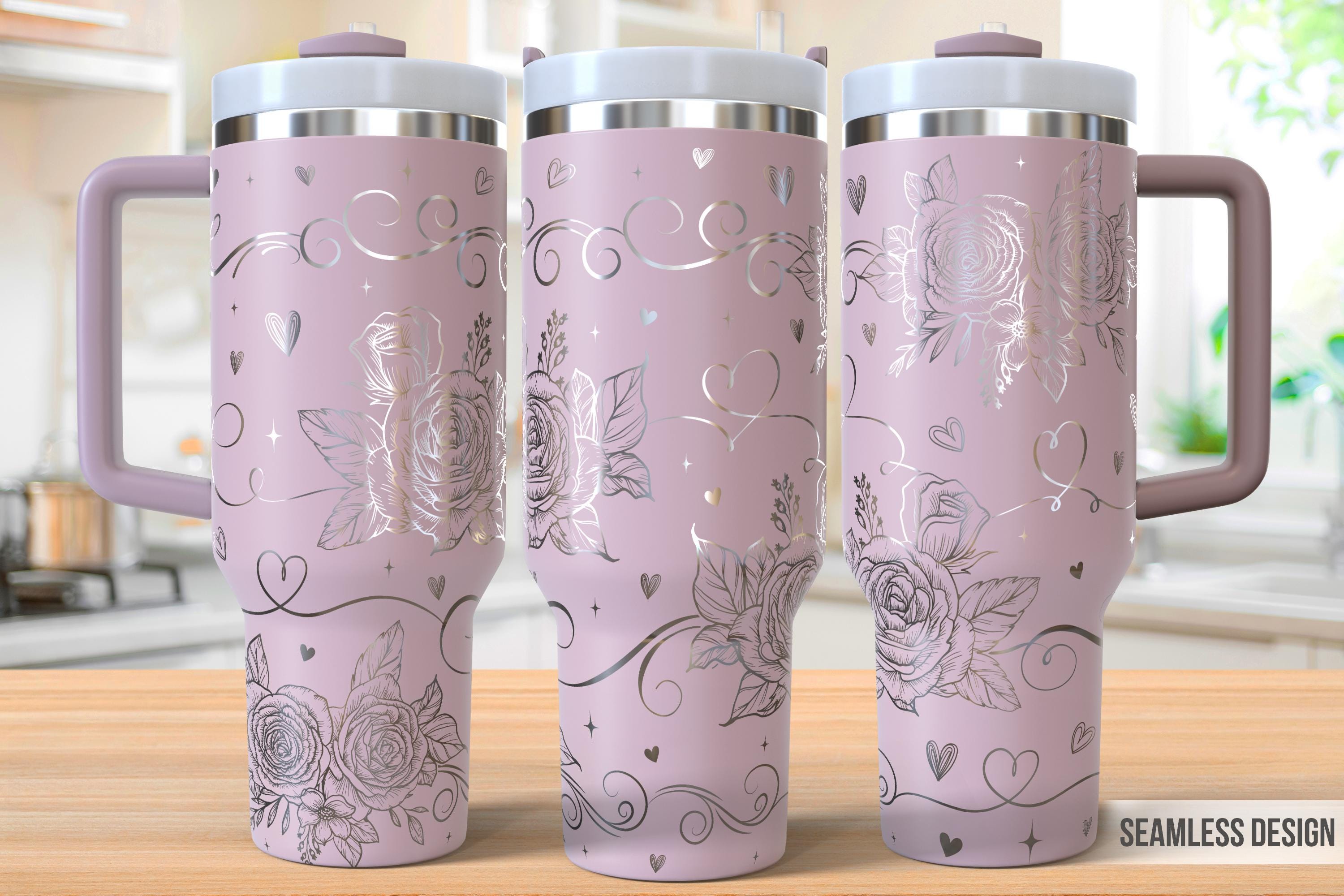 Bicchiere con cuore di rosa da 40 once, incisione laser, bicchiere di San Valentino, svg laser, incisione laser da 40 once, incisione laser, incisione