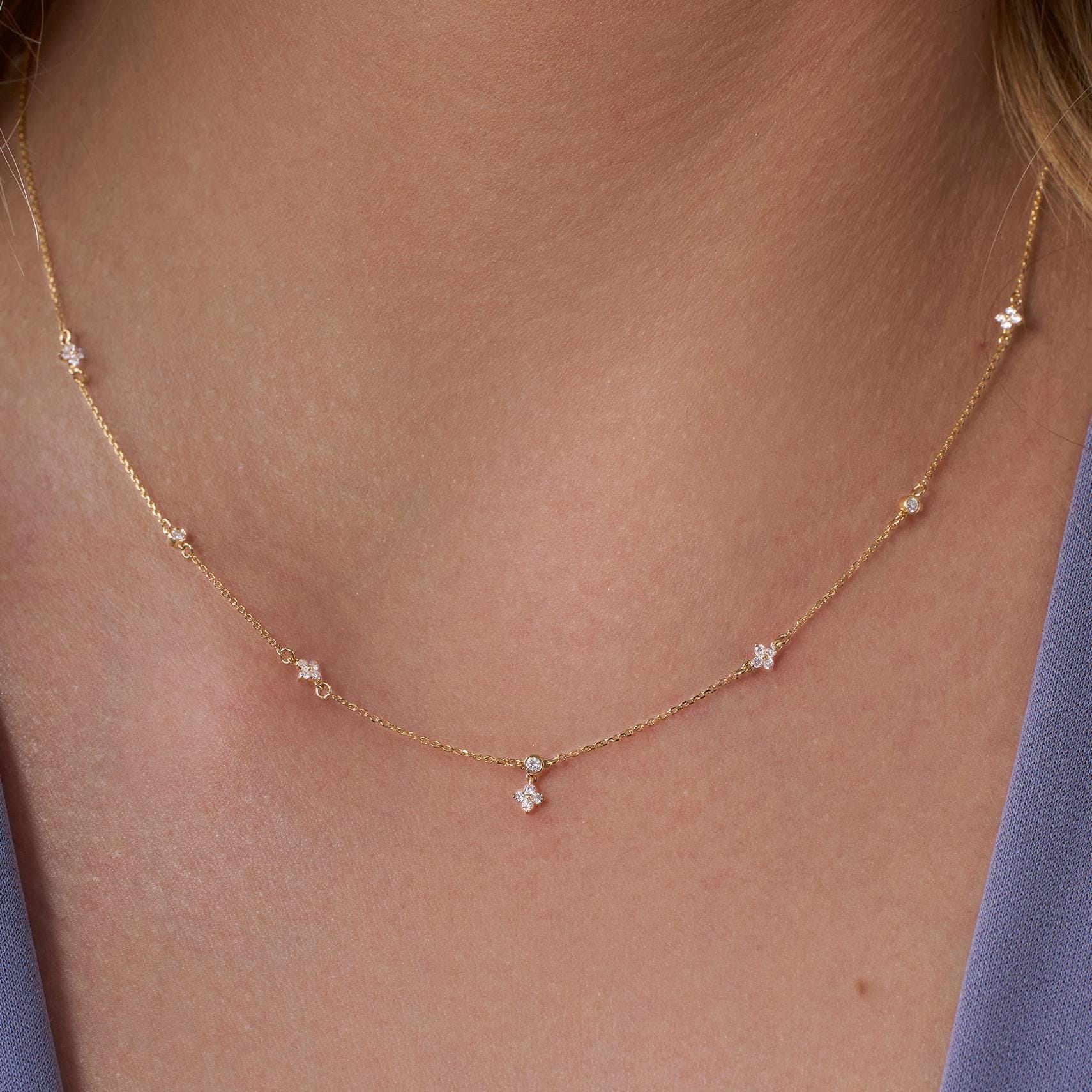 Collana con stazione a punte di diamanti, collana con stazione a punte di diamanti in oro 14 carati, collana delicata con diamanti rotondi, collana gi