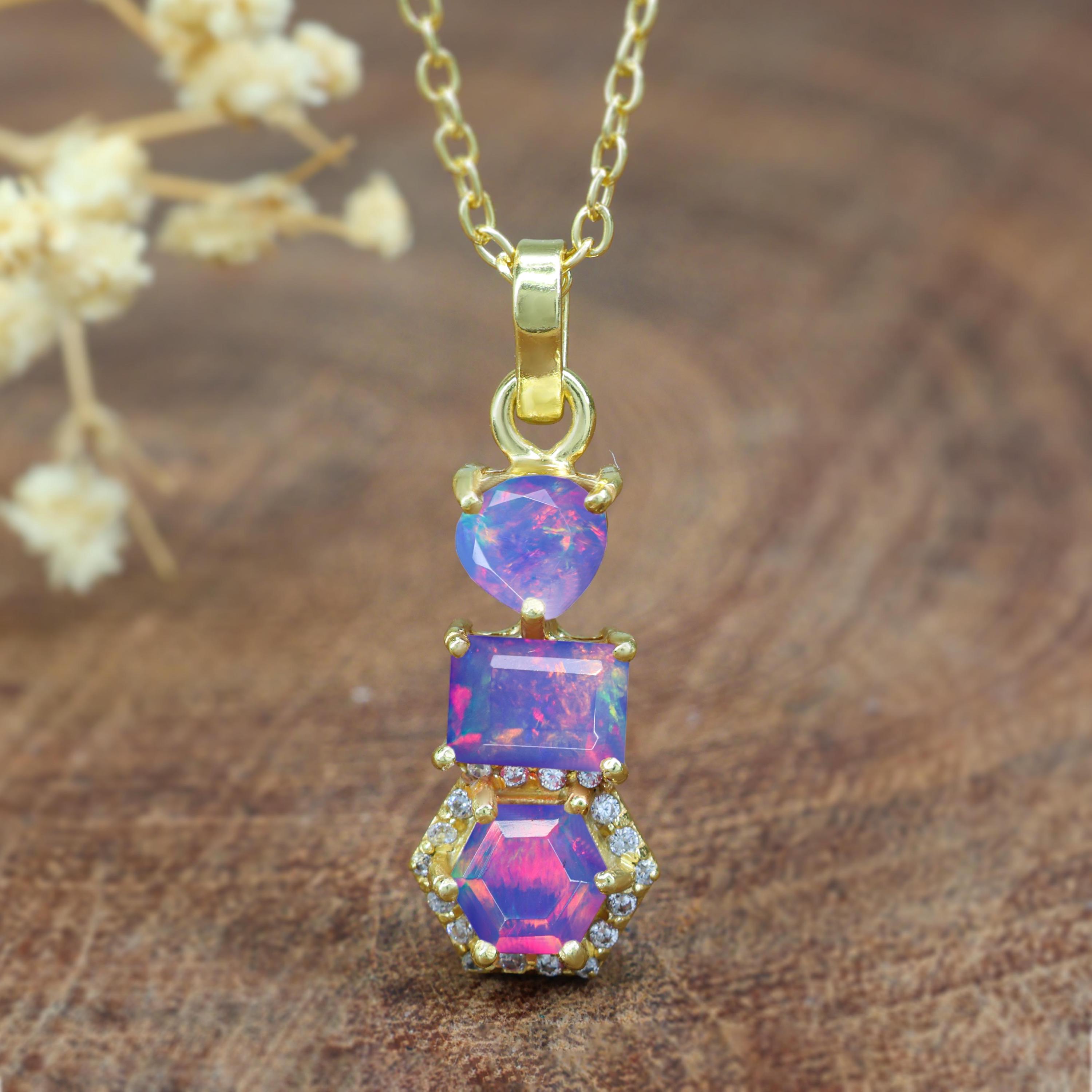 Collana con ciondolo in opale dorato, collana a catena, collana con ciondolo in opale di fuoco color lavanda per donna, collana vintage in opale di fu