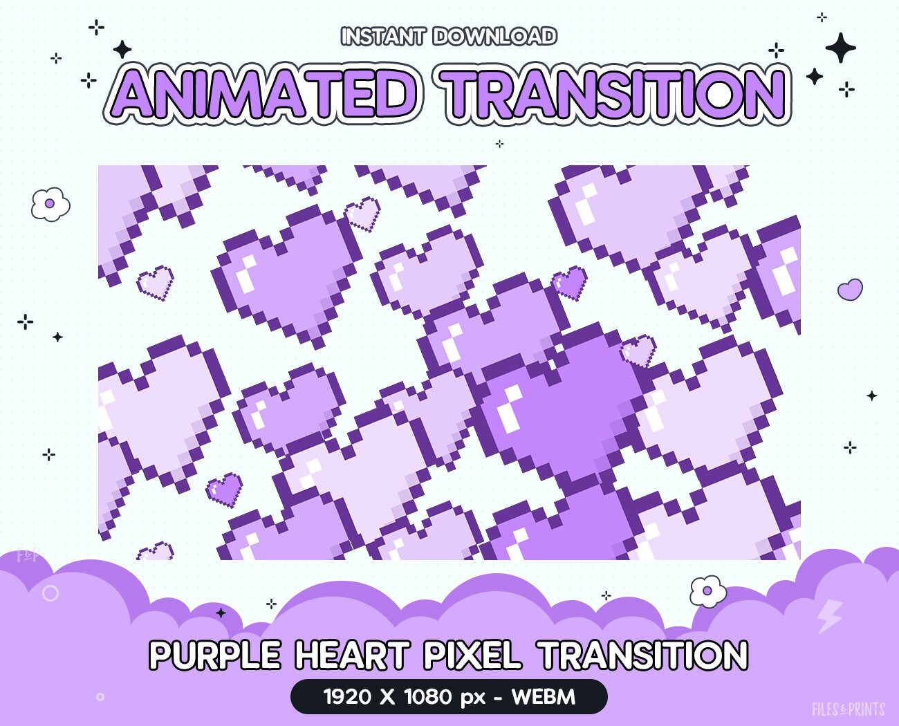 Transizione stinger animata di Twitch, transizione pixel cuore viola, streaming San Valentino Stinger Kawaii, sovrapposizione carina, pastello, ragazz