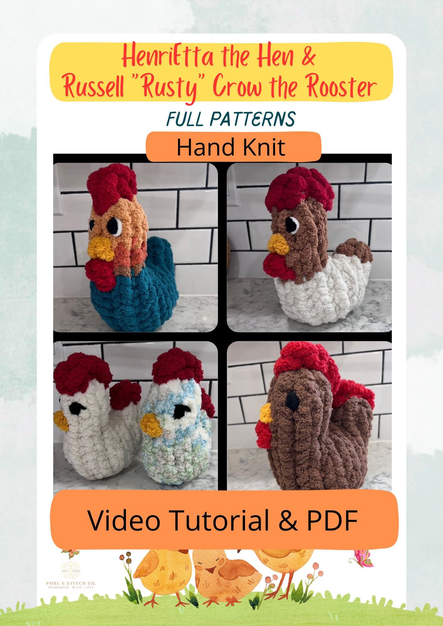 2 modelli in 1 - Modello di pollo e gallo lavorati a mano con tutorial video e modello PDF, maglia con le dita, maglia a mano, tutorial fai da te