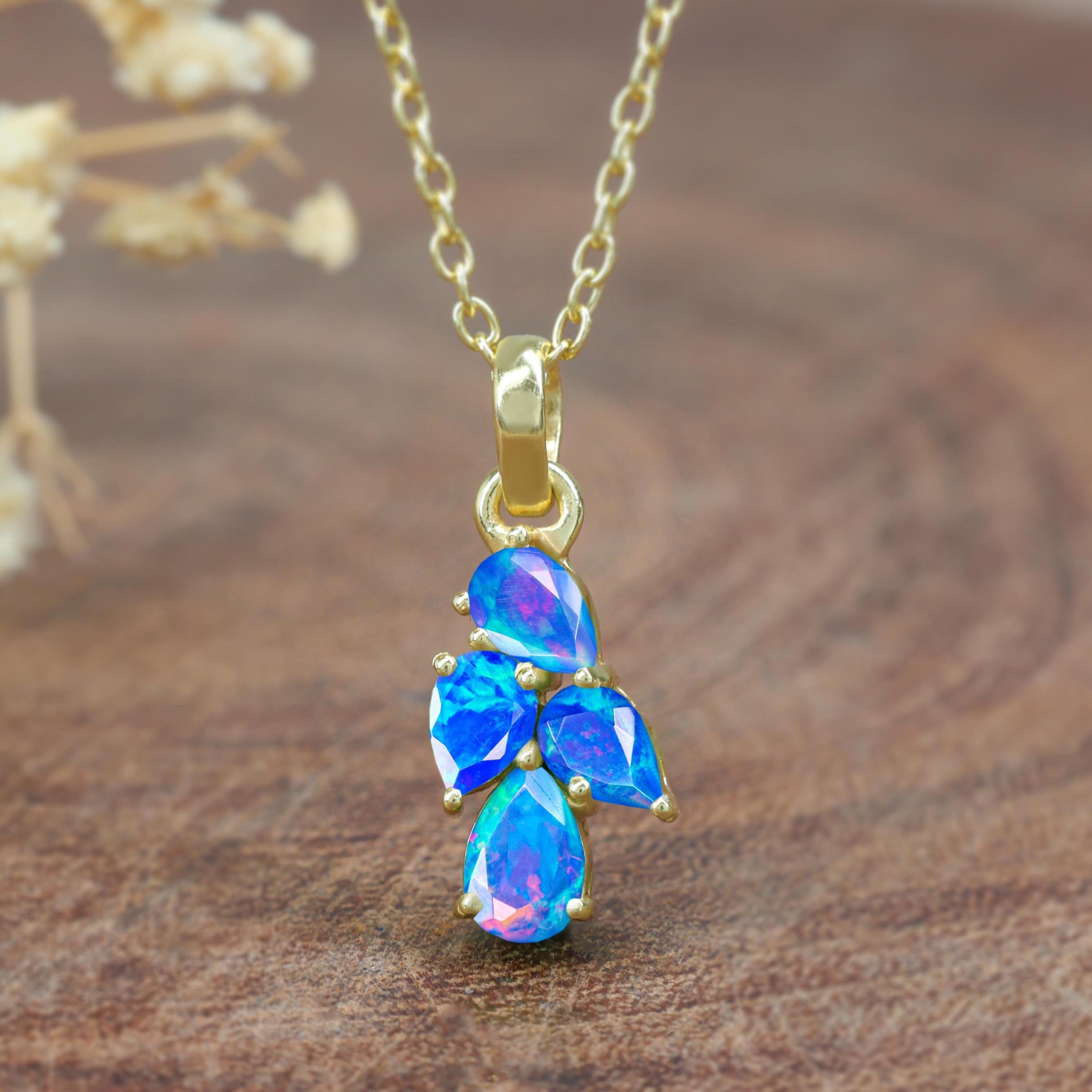 Collana con ciondolo in opale a 4 pere per donna, collana con ciondolo in opale di fuoco naturale, collana con ciondolo realizzata a mano, regalo per