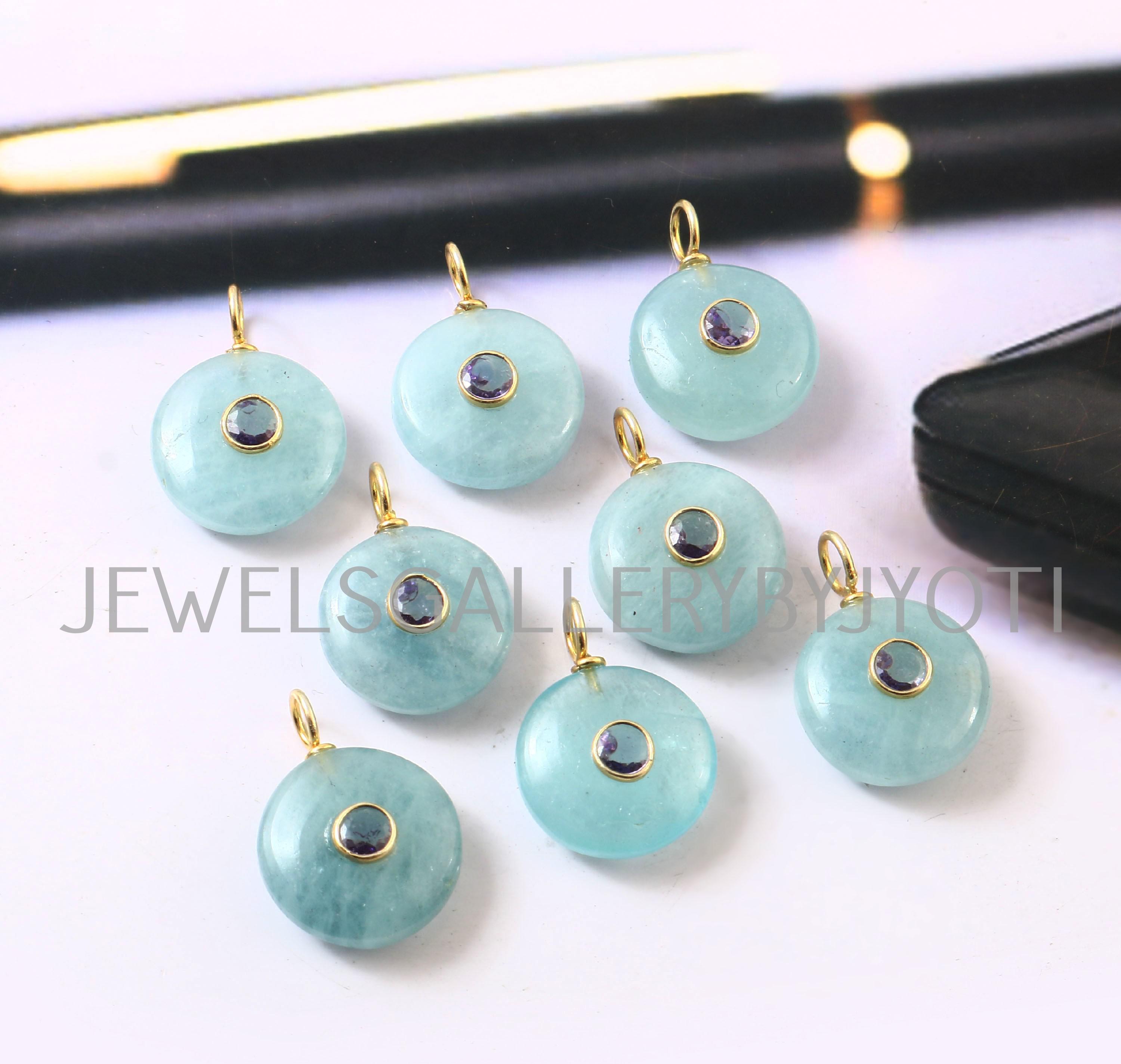 1/2 pezzi di ciondolo in argento sterling con acquamarina naturale, forma rotonda liscia, ciondolo con pietra preziosa intarsiata, ciondoli in acquama