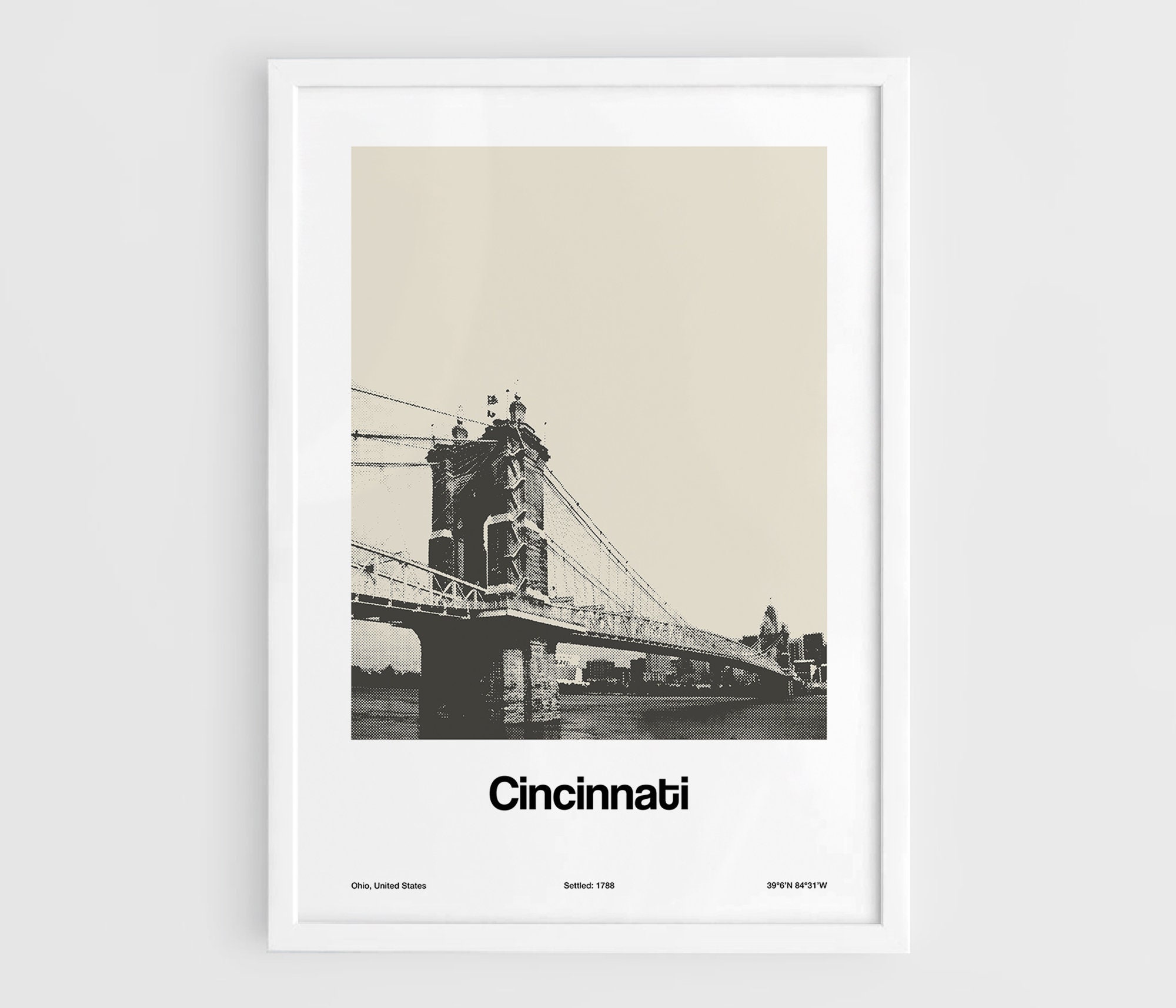 Cincinnati Print, Cincinnati Ohio Poster, Cincinnati The Roebling Suspension Bridge Skyline Wall Art Minimalista Custom City Print by Artica