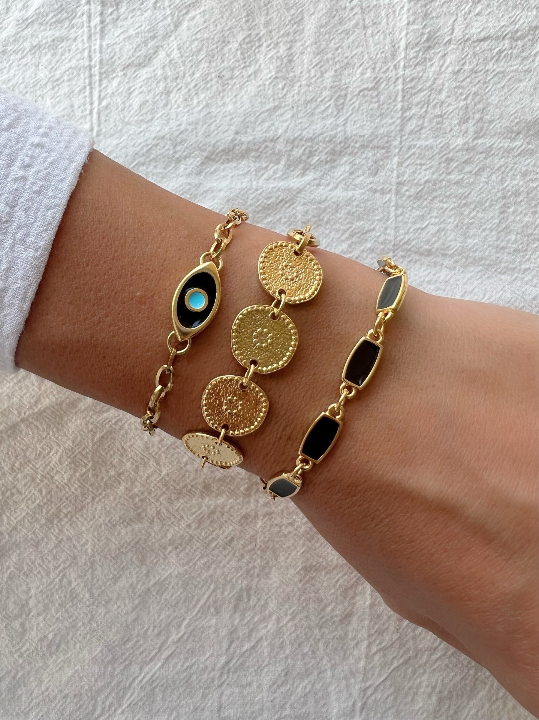 Bracciale in oro, bracciale con occhio di Allah, bracciale a disco, bracciale con ciondolo occhio di Allah, catene in acciaio inossidabile, regalo per