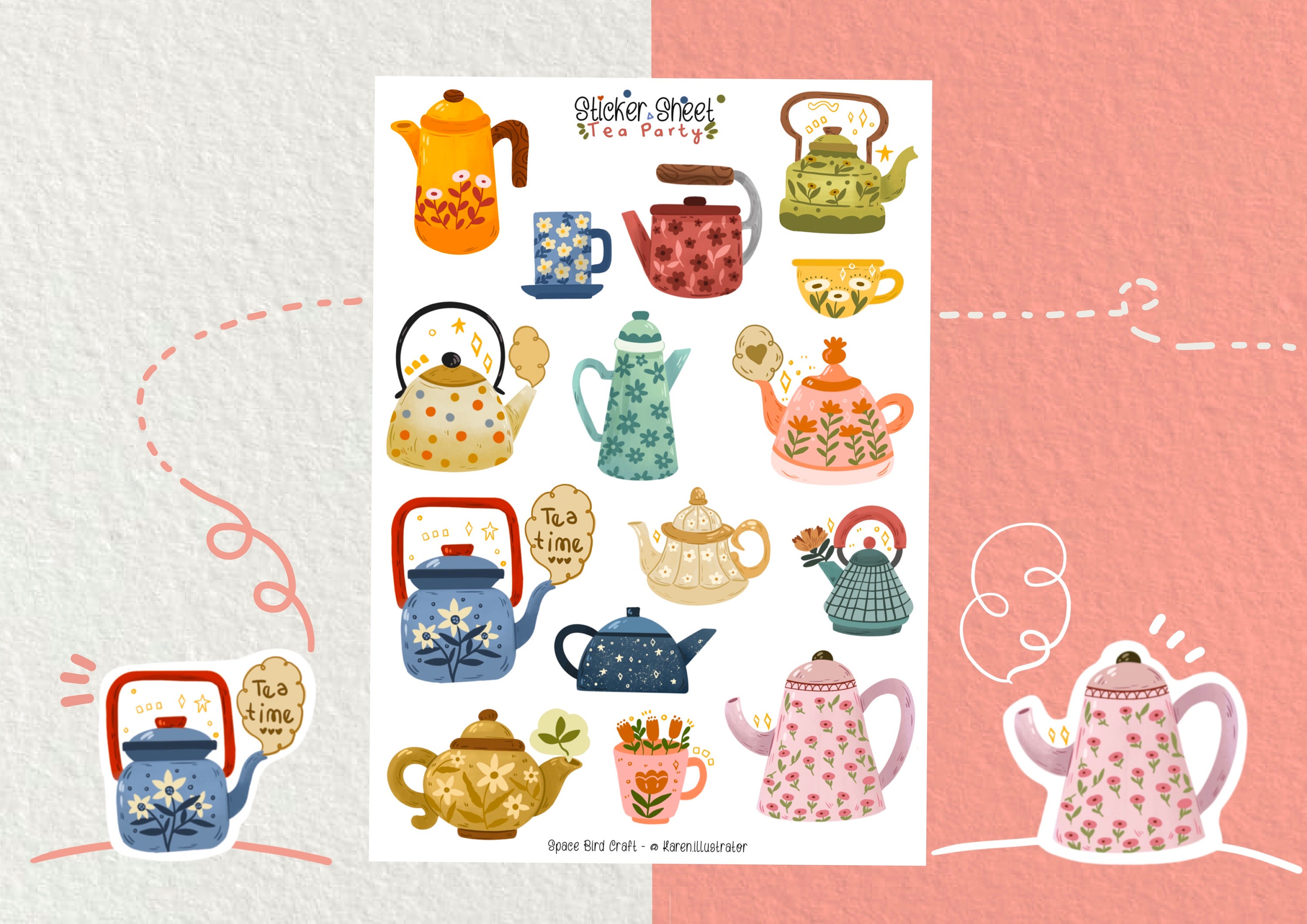 Foglio di adesivi - Tea Party - Adesivo per diario - Adesivo per pianificatore - Adesivo per album - Adesivo per la colazione - Adesivo per fiori - Fo