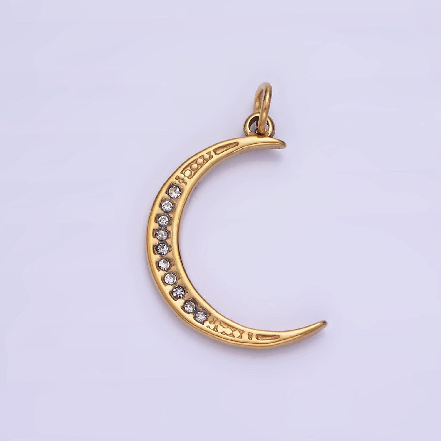 Delicato ciondolo a forma di luna, piccoli ciondoli a forma di mezzaluna con micro pavé di zirconi cubici, delicato ciondolo a forma di luna con pavé,