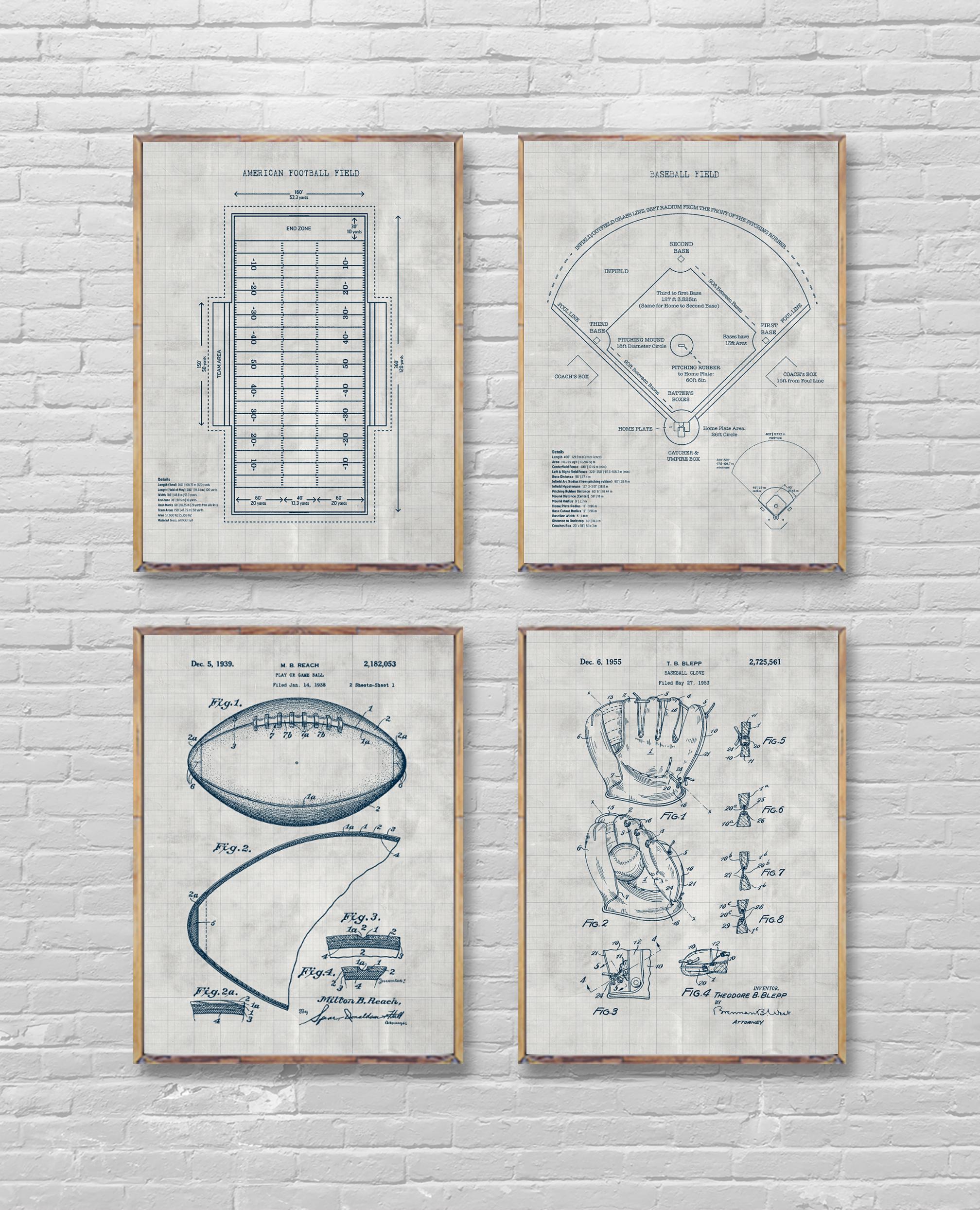 Set di 4 poster di calcio e baseball, stampa artistica di un campo da calcio, poster di calcio, stampa di un campo da baseball, poster di brevetto di