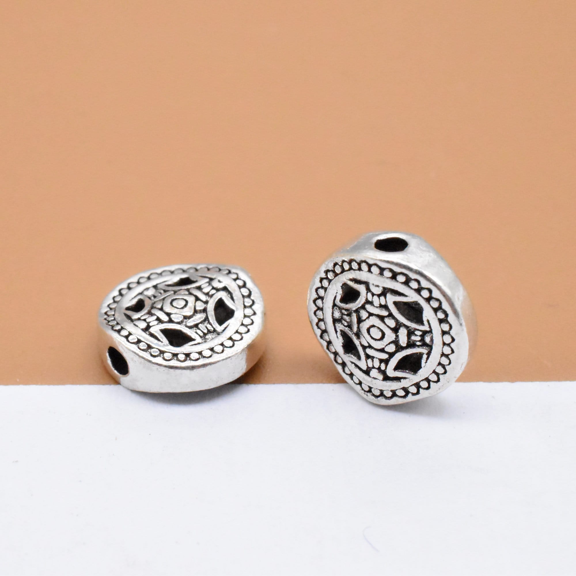 2 perline a forma di moneta in argento sterling a doppia faccia, perline a forma di moneta in argento 925, perline a forma di moneta decorate, perline