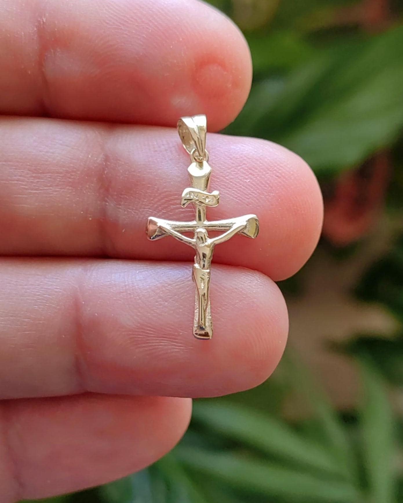 Croce di Gesù Crocifisso INRI, vero oro massiccio 14K, ciondolo a croce in oro massiccio 14K, ciondolo a croce in oro 14K per donne e uomini, collana