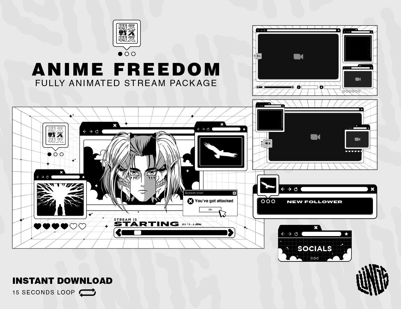 Pacchetto di streaming animato anime / Anime Freedom / Twitch Overlay Lofi / Twitch Overlay Anime, schermate, transizione, avvisi, pannello