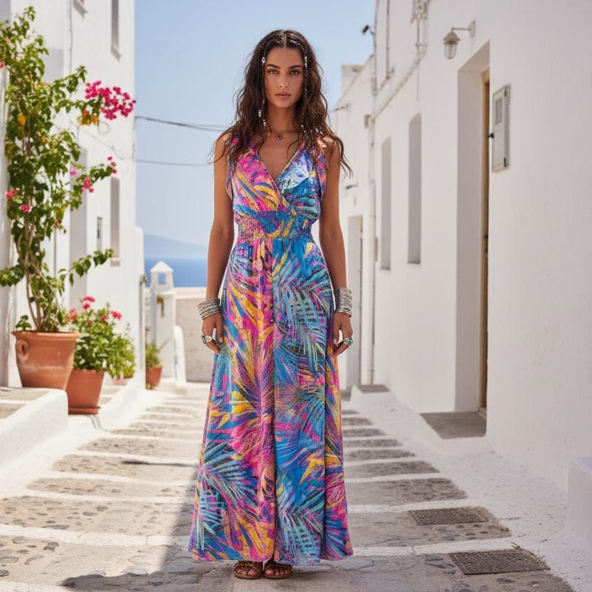 Abito midi boho con stampa di palme viola, abito estivo boho, abito da festival da donna, abito Ibiza, abito da dea, abbigliamento boho