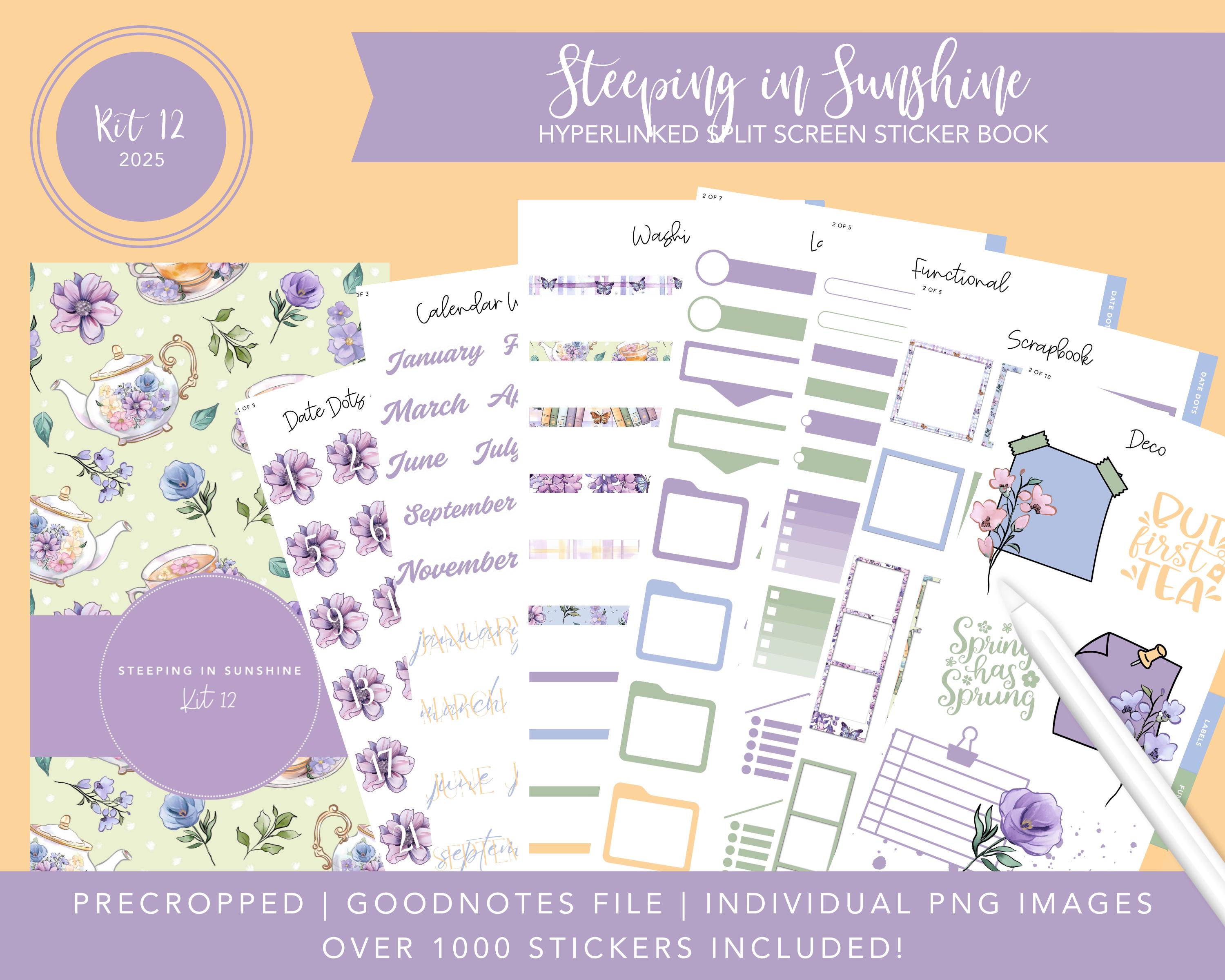 Kit 2025 12 Split Screen Sticker Book / Steeping in Sunshine / Adesivi primaverili / Oltre 1000 adesivi digitali / Pretagliati / Goodnotes