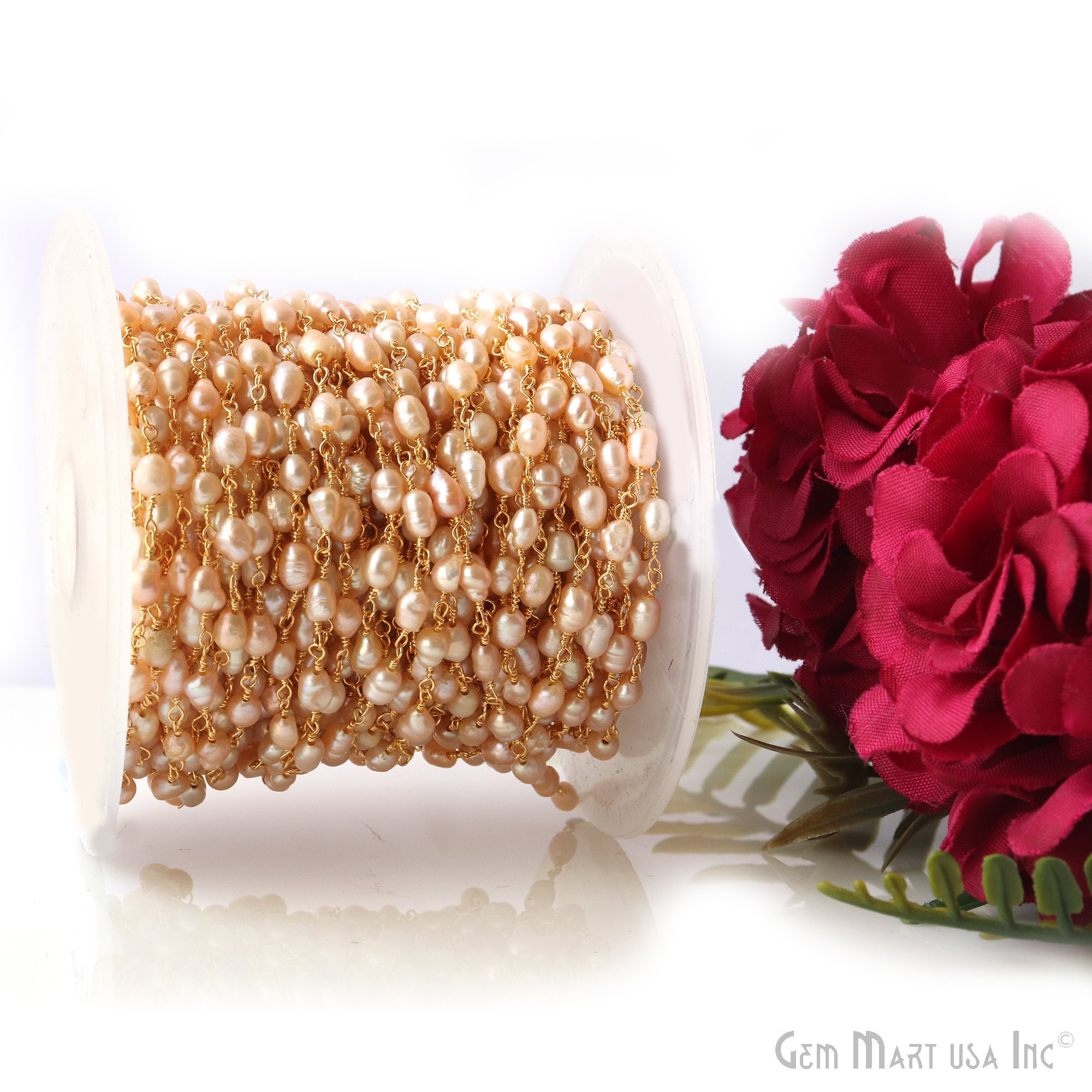 Catena del rosario con perle di perle d'acqua dolce rosa, perle ovali di perle d'acqua dolce da 5 x 4 mm, catena del rosario placcata in oro, GemMartU