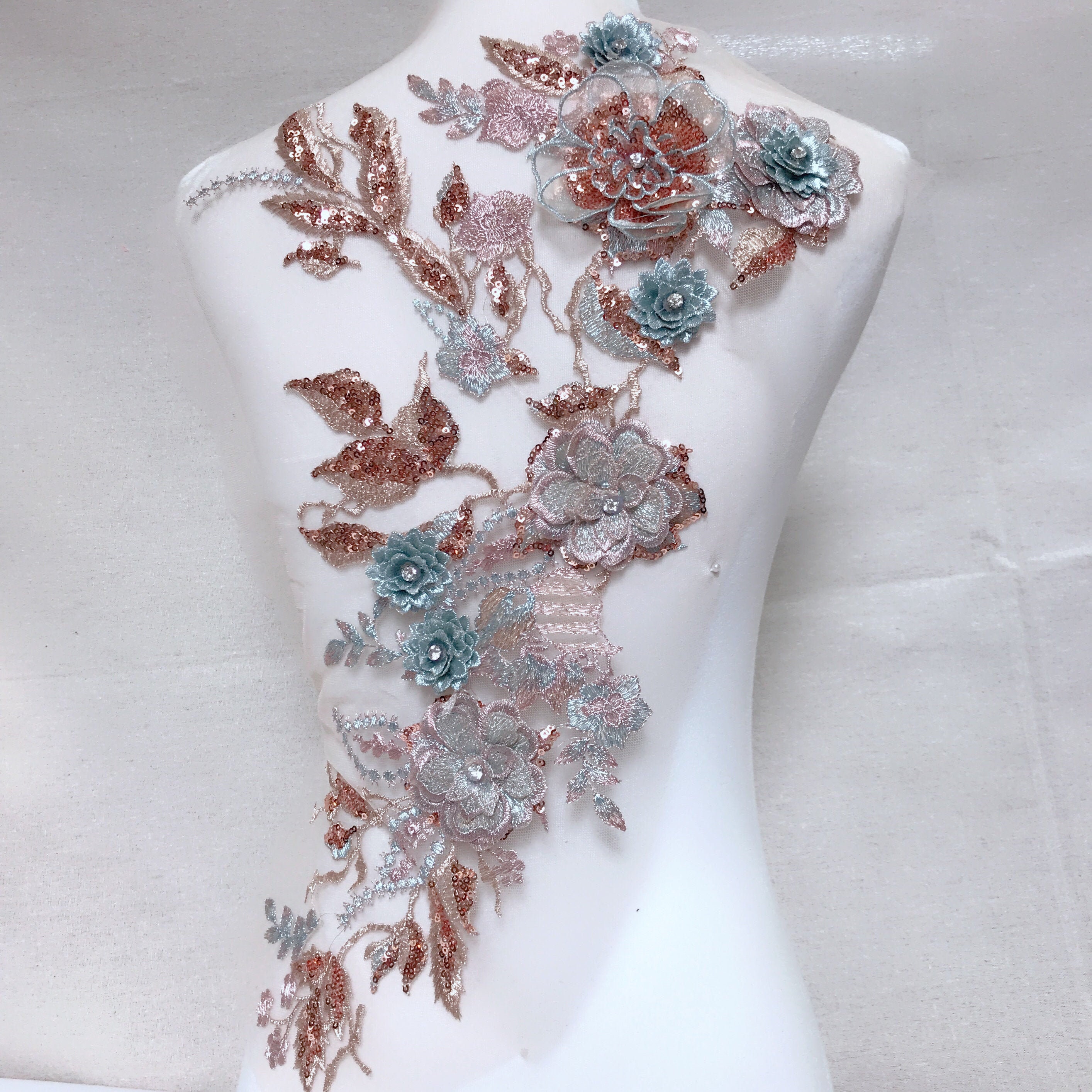 Applique in pizzo con paillettes marroni, applique in pizzo ricamo fiori blu blu 3D, grande applique, applique da sposa