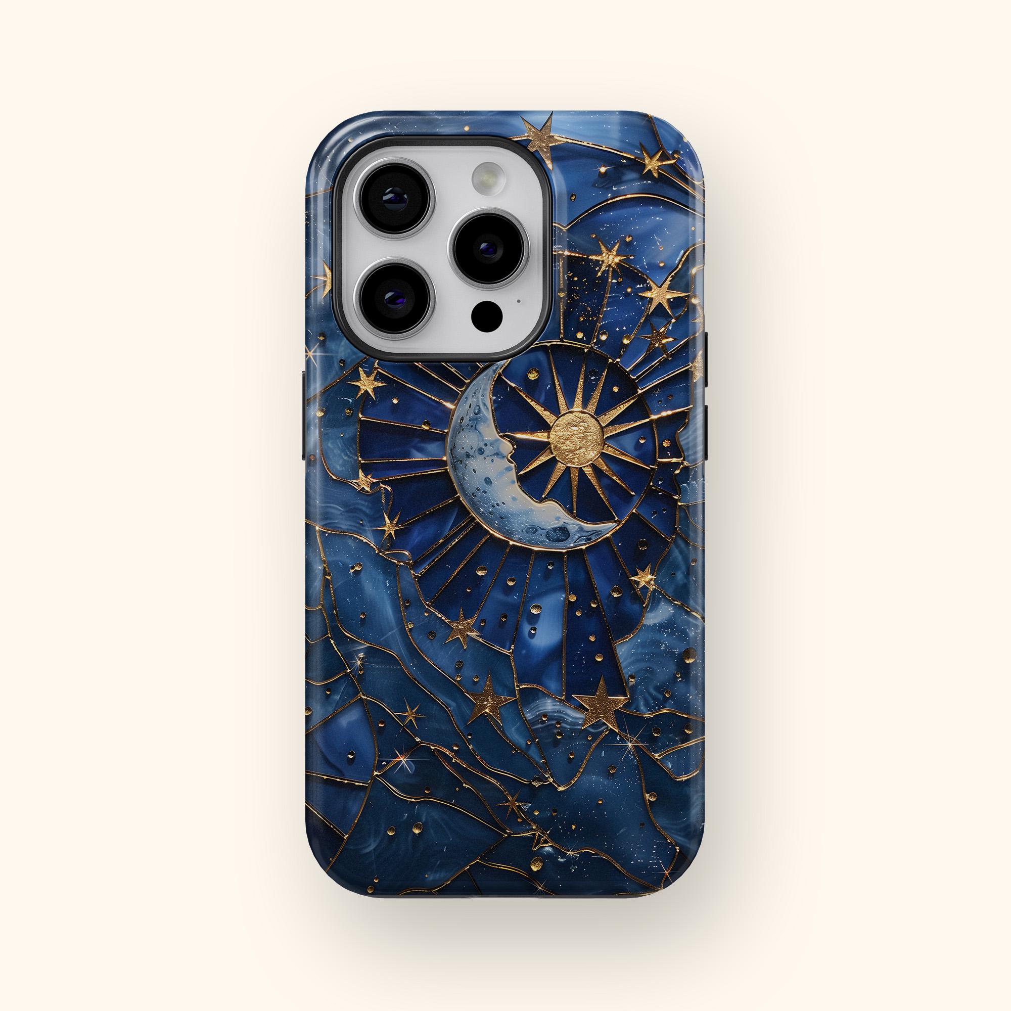 Custodia per telefono in vetro colorato, custodia per telefono con luna celeste blu e stella, custodia per telefono con mosaico, cielo notturno cosmic