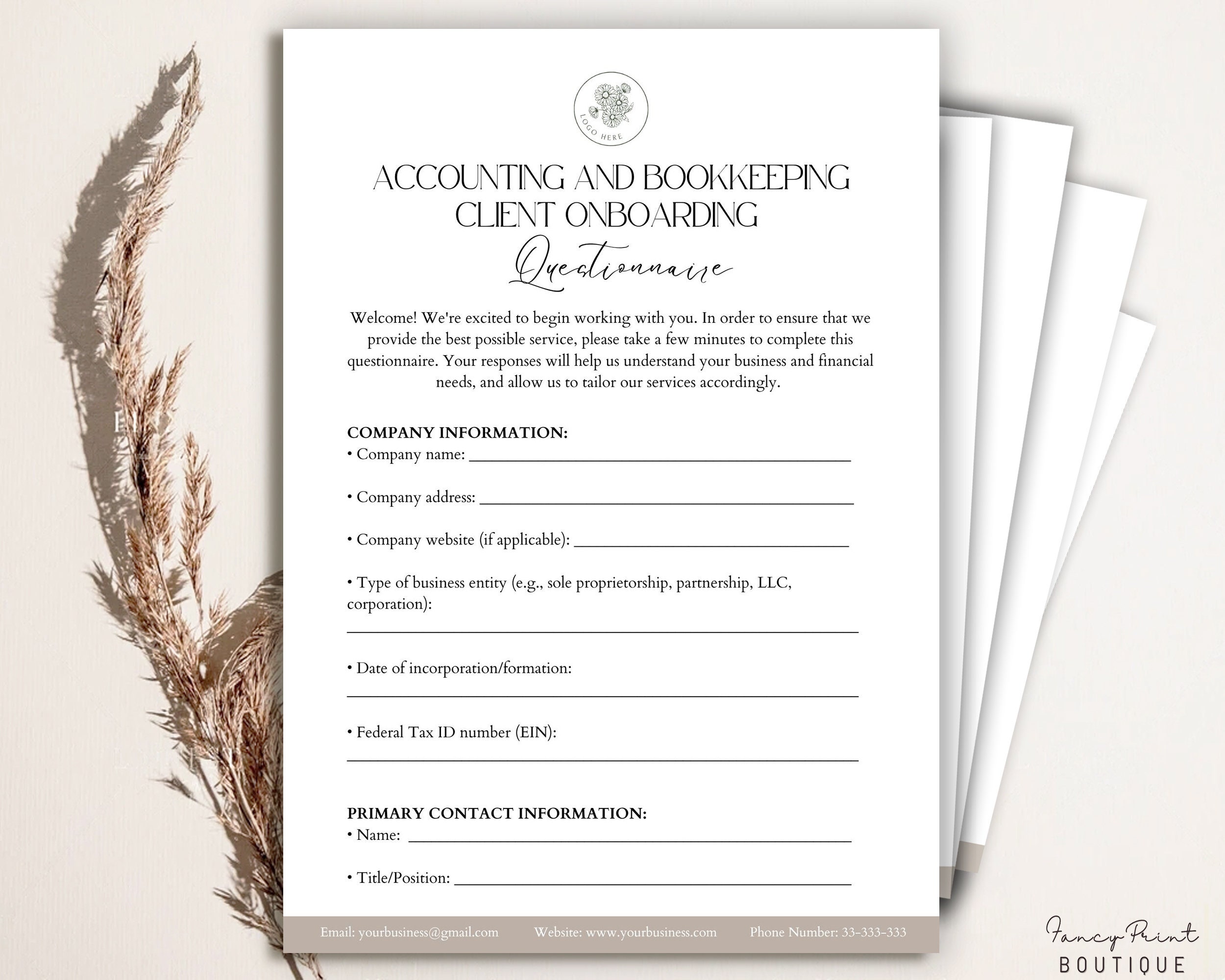 Modulo di questionario di onboarding modificabile per clienti di contabilità e tenuta dei libri contabili, modello di questionari di contabilità, ques