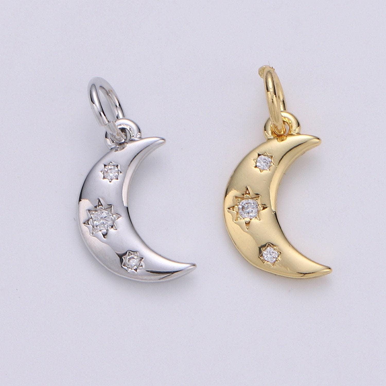 Ciondolo a forma di mezzaluna in oro con micro pavé di zirconi cubici, ciondolo a forma di mezzaluna, bracciale a forma di mezzaluna, ciondolo a forma