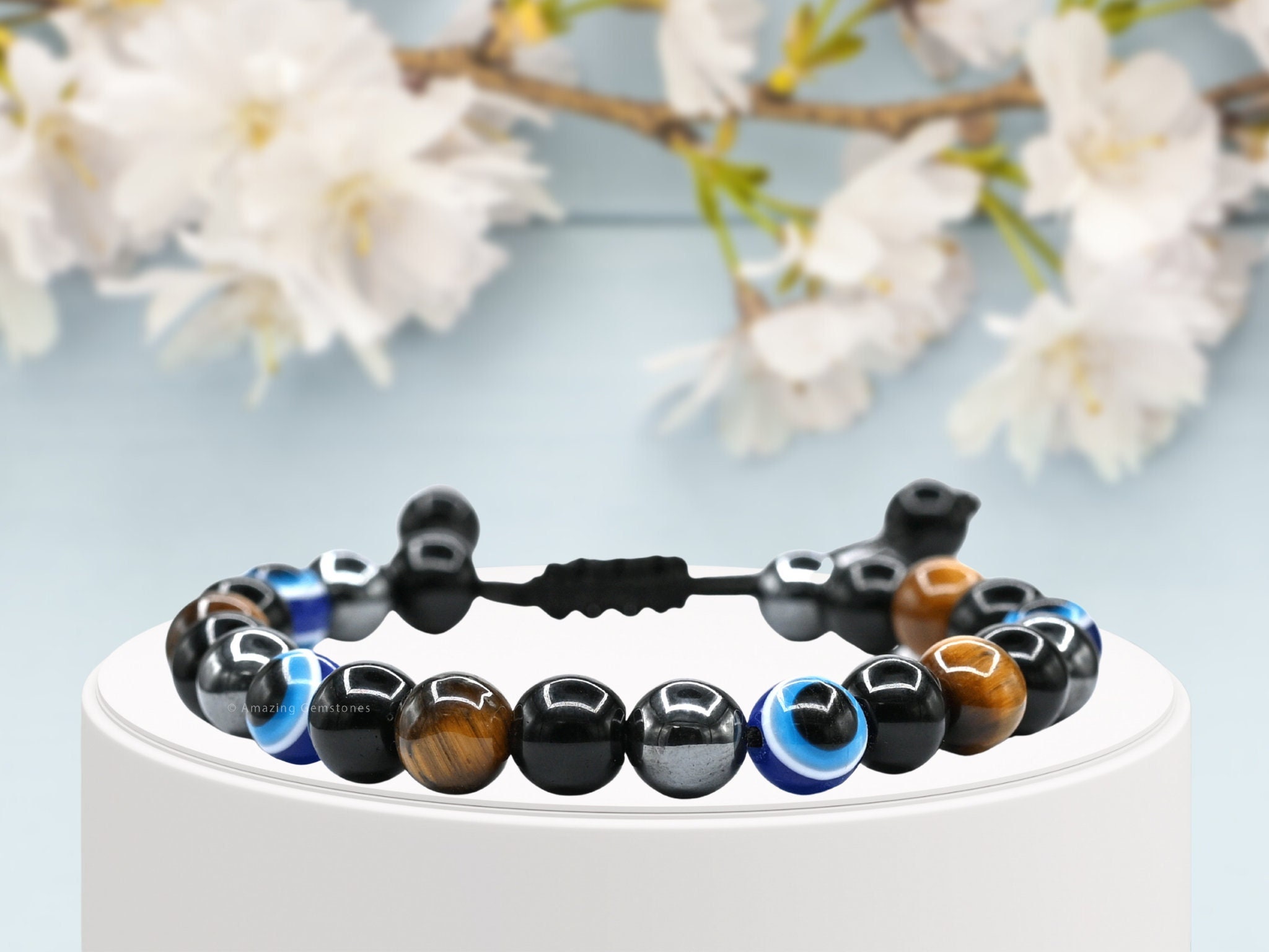 Bracciale di protezione con perline di cristallo curativo, ematite, occhio di tigre, ossidiana nera, malocchio, tripla protezione definitiva (sacchett