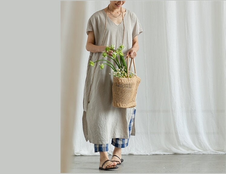 Abiti di lino per donna Abito midi in lino Abito con scollo a V Abito lungo Abito di grandi dimensioni Abito personalizzato Abito morbido casual ampio