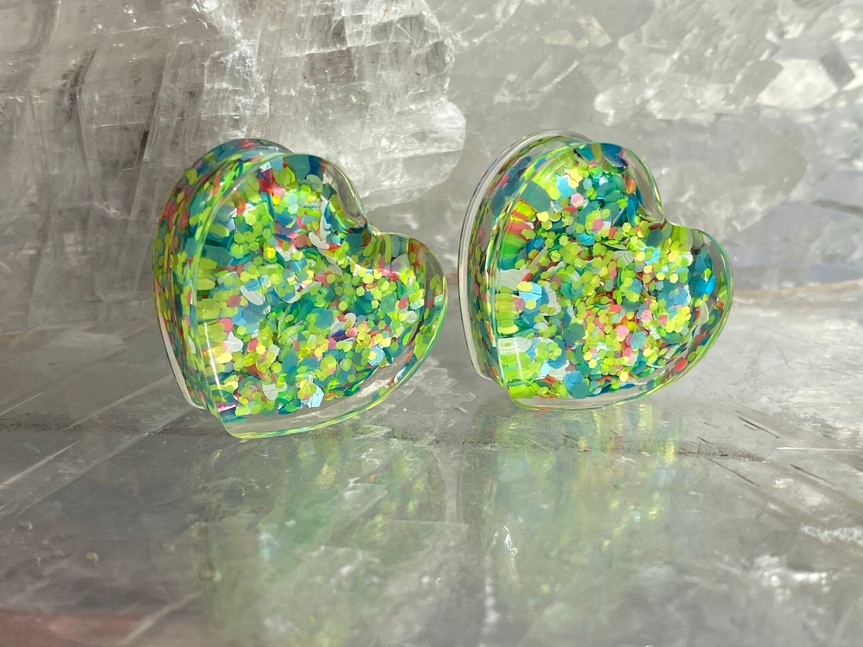 "Diaframmi a forma di cuore Cady Love Heart Blu Verde Neon Rosa Glitter Tunnel Cuori 2g 0g 00g 1/2\" 9/16\" 5/8\" 11/16\" 3/4\" 7/8\" 1\" 28 mm 30 mm"