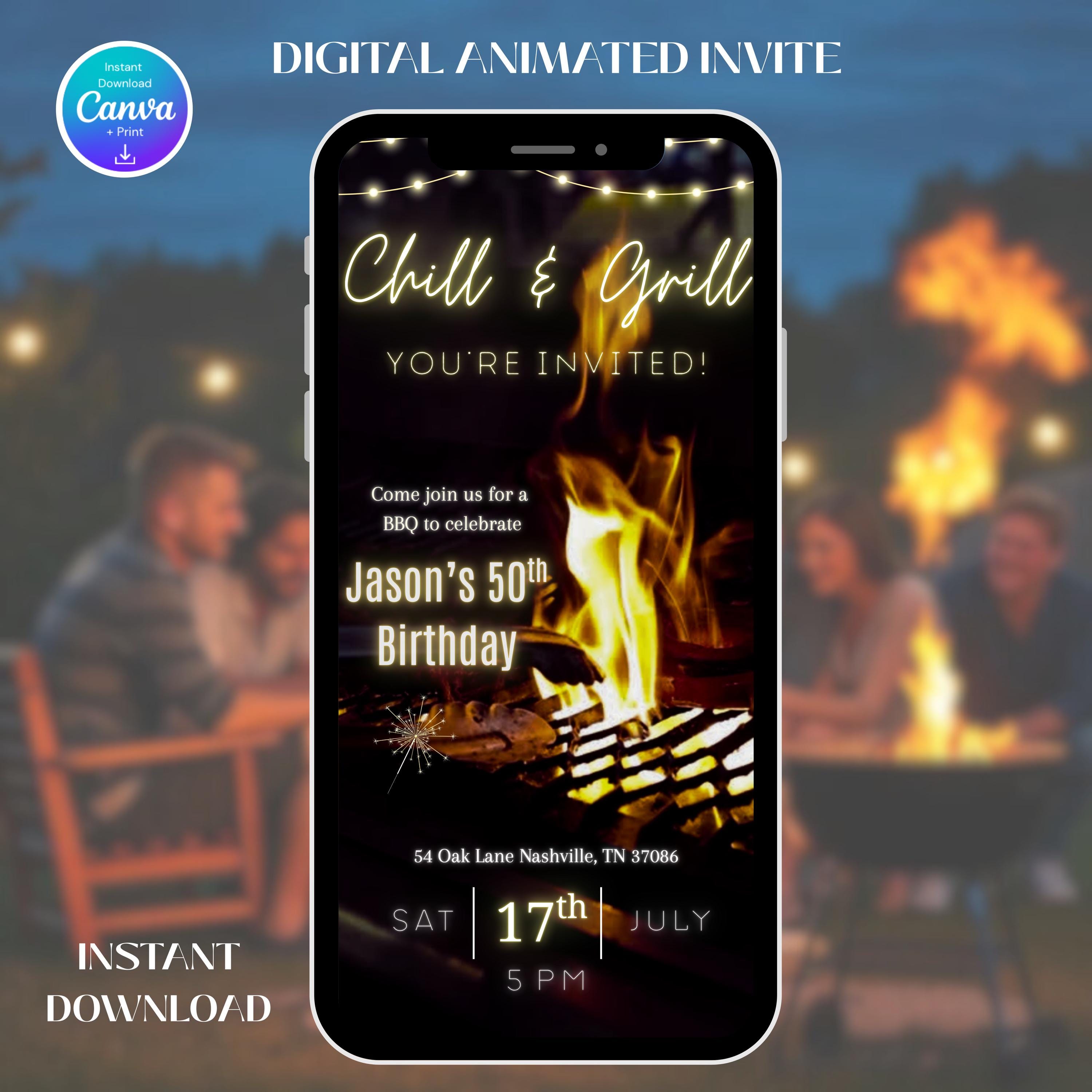 Invito digitale per barbecue di compleanno, invito video animato per barbecue, invito per il 4 luglio, relax e grigliata, invito per cena estiva con b