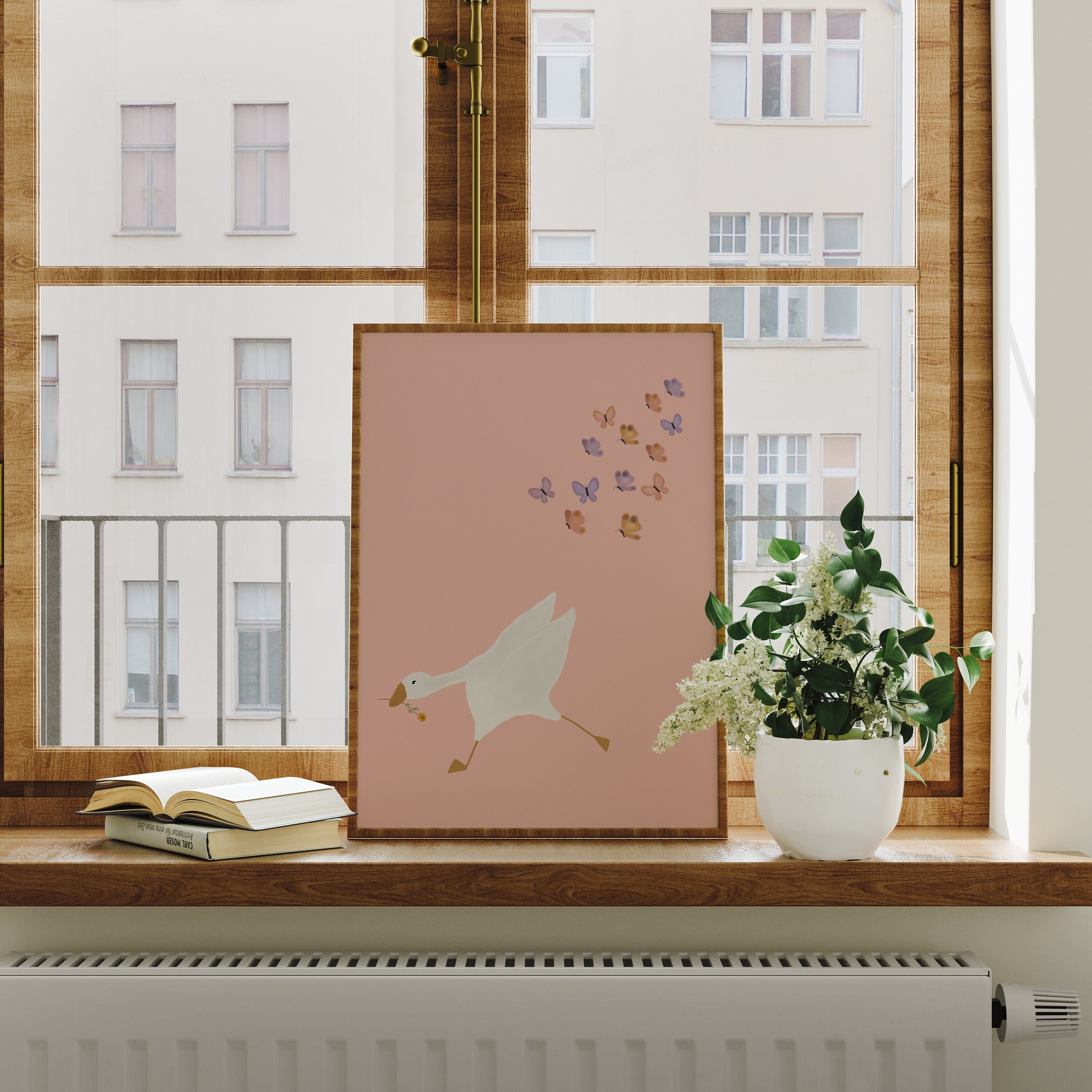 Silly Goose Wall Art, poster di un'oca carina, decorazione per la cameretta delle bambine, stampabile con animali da fattoria, oche e fiori, stampa mu