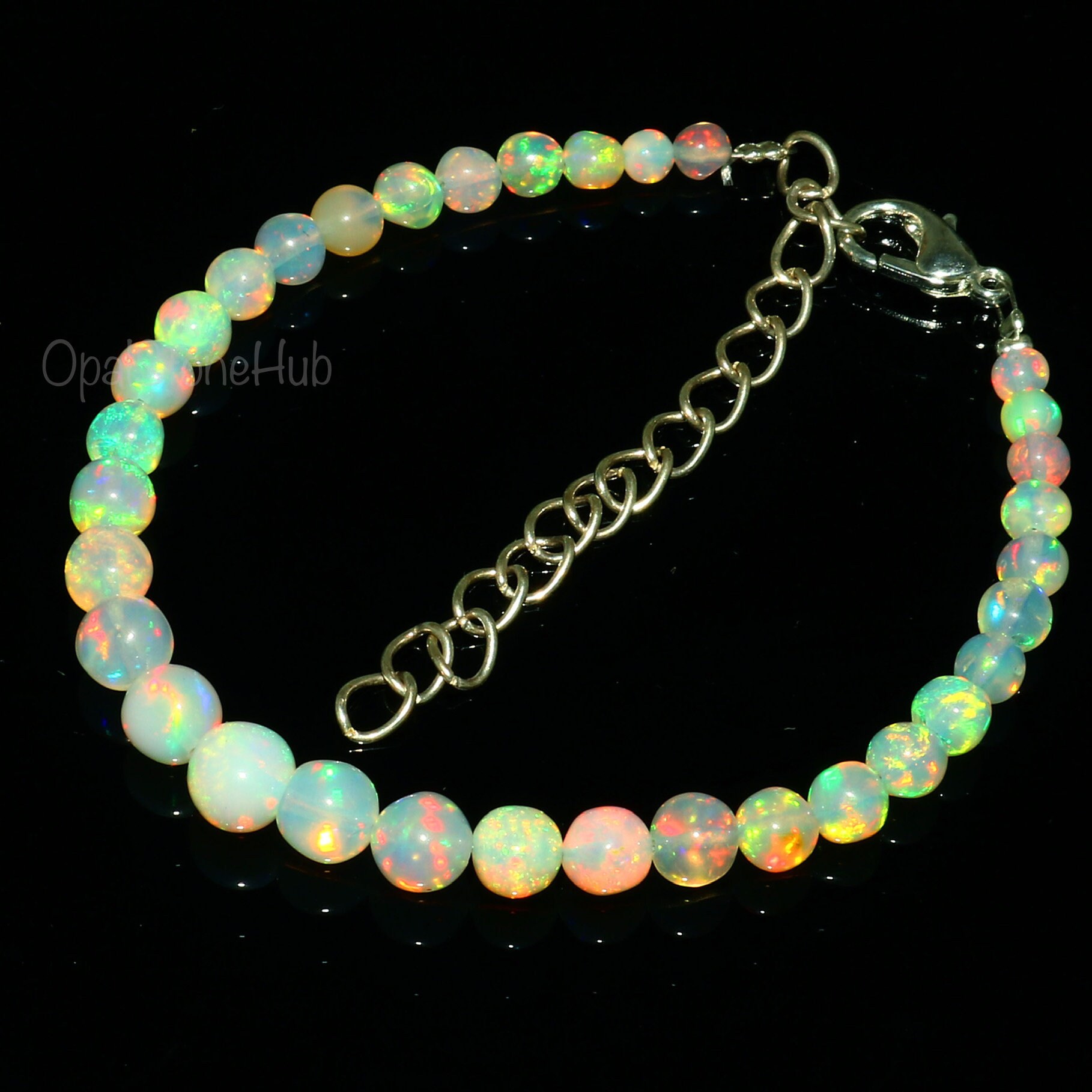 Bracciale con perle di opale etiope naturale, bracciale con perle rotonde di opale Welo Fire, bracciale con sfere di opale, bracciale con opale etiope