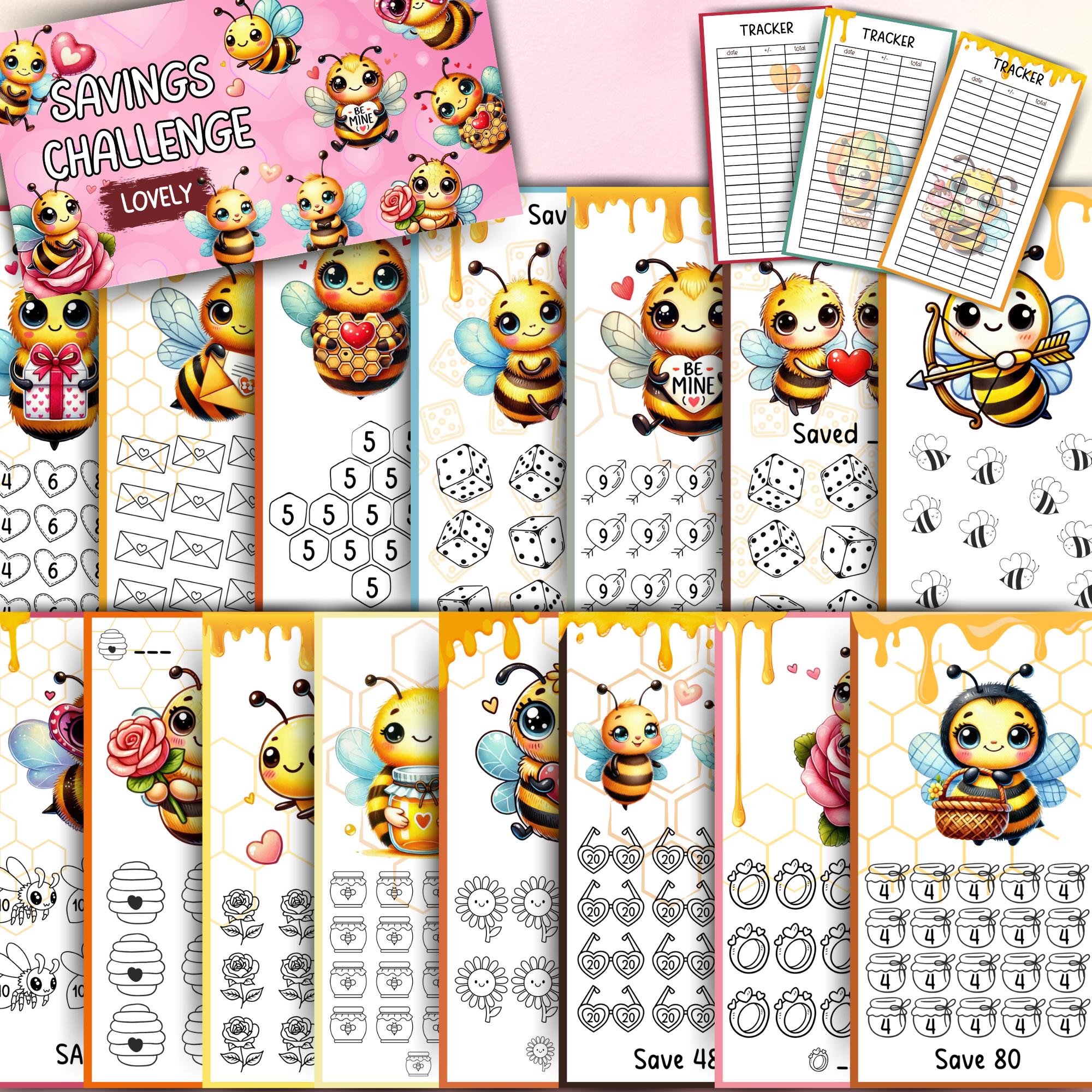 Sfide di risparmio d'amore, pacchetto di sfide Kawaii Bee per raccoglitore A6, budget di San Valentino, file PDF, download digitale, metodo busta