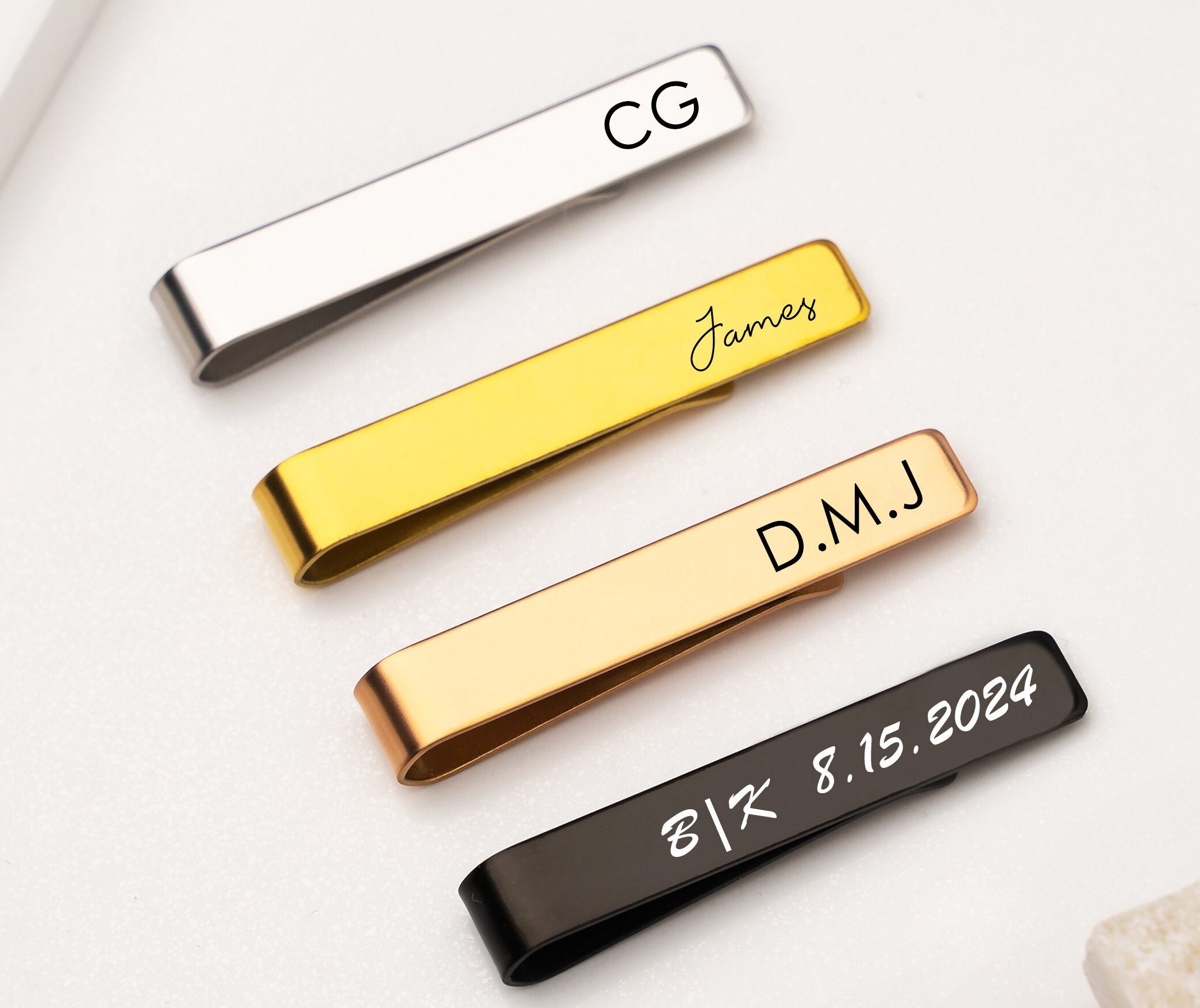Fermacravatta inciso, set di fermacravatta personalizzati, fermacravatta per sposo personalizzato, fermacravatta in argento, fermacravatta con monogra