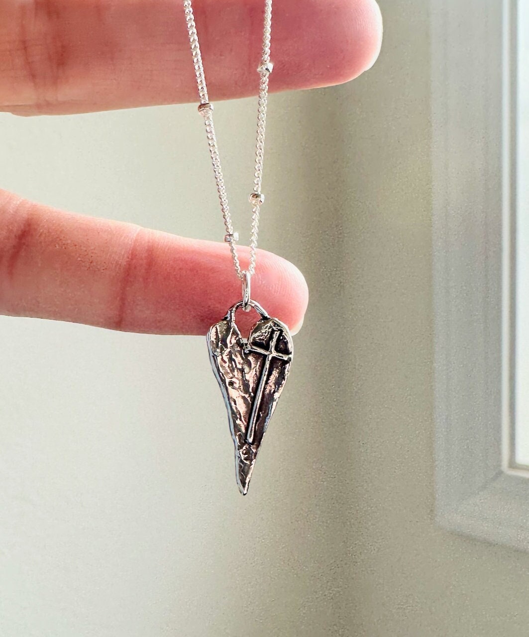 Collana con croce a forma di cuore in argento sterling con perline, collana con ciondolo a forma di cuore in argento sterling 925, ciondolo artigianal
