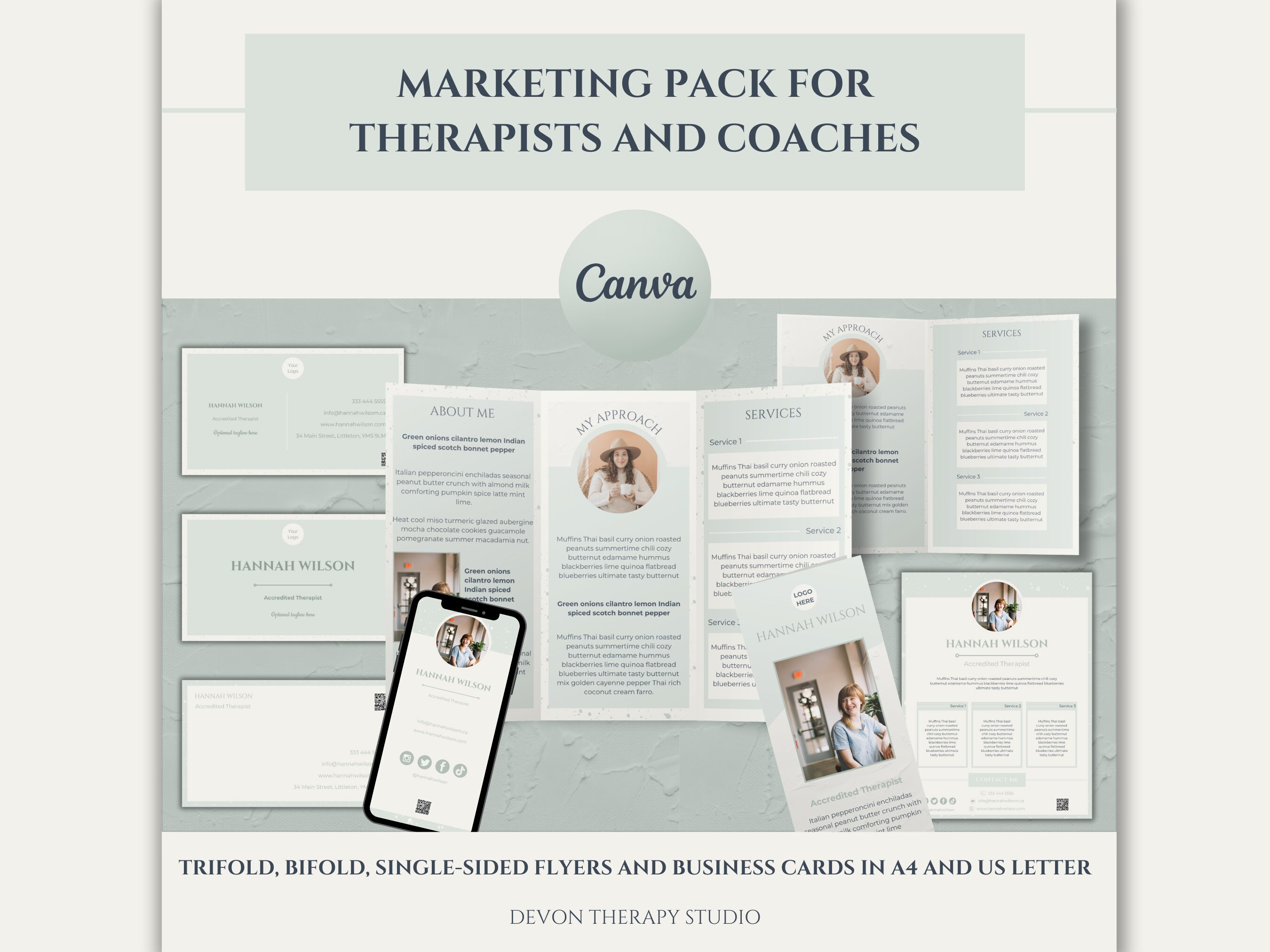 Modelli di brochure, Biglietti da visita, Brochure di marketing modificabile, Brochure a tre ante, Brochure a due ante, Volantino A5, Strumenti terape
