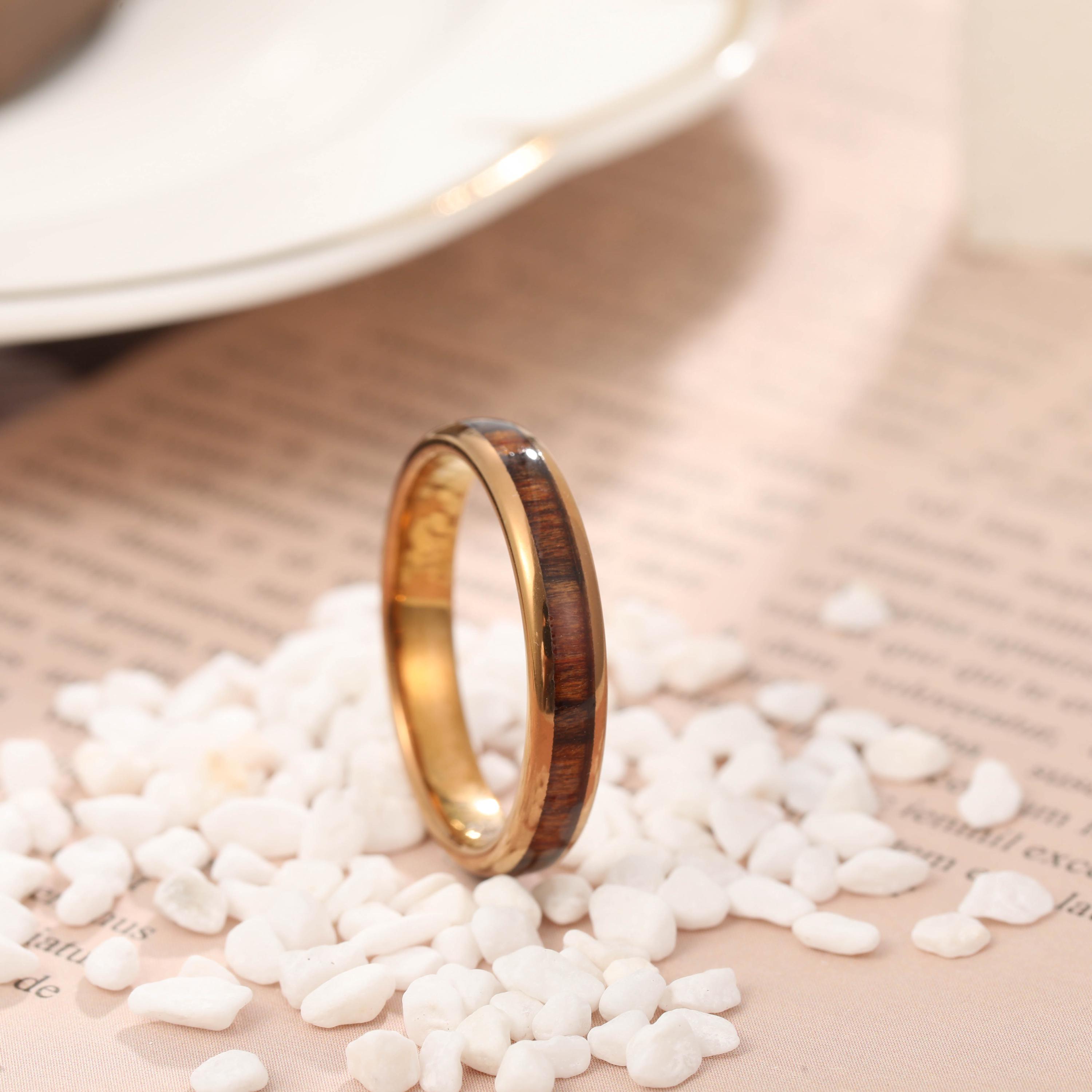 Anello in legno oro rosa da 4 mm, anello in legno, anello in legno di tungsteno, anello in legno di koa, fede nuziale in tungsteno oro rosa, anello in