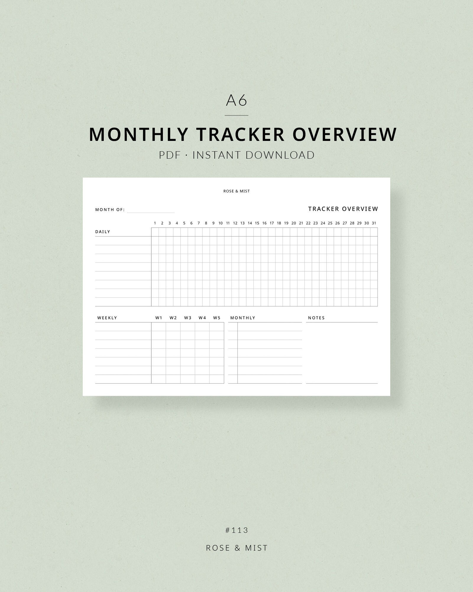Panoramica Tracker mensile / Planner A6 stampabile - Tracker mensile settimanale giornaliero, inserti pianificatore A6, routine di pulizia, routine di