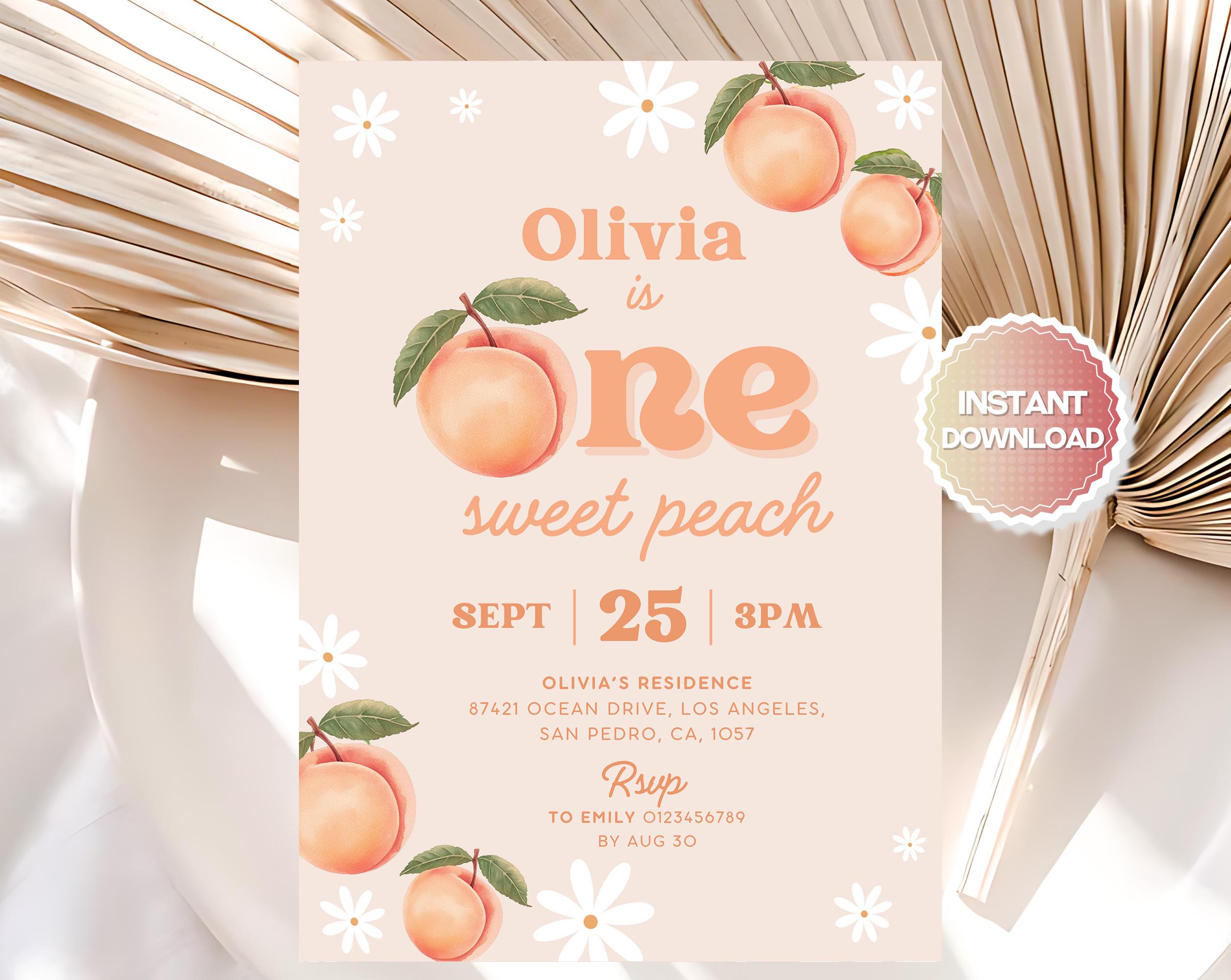 Invito di compleanno modificabile a tema pesca, invito di compleanno a tema pesca dolce, invito di compleanno a tema pesca per il primo compleanno, in