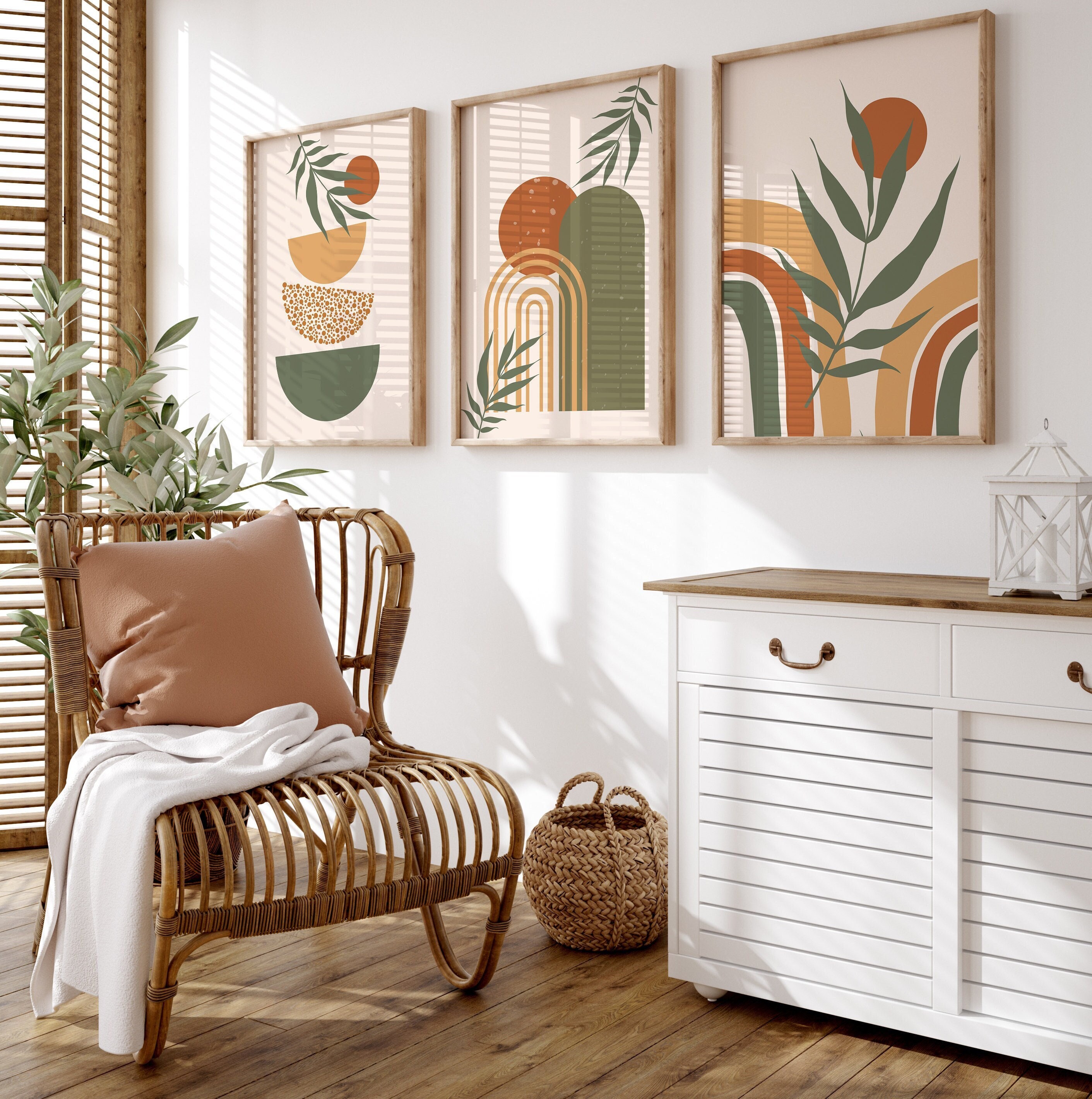 Set di stampe da parete Boho, stampa da parete Boho astratta, set di 3 poster Boho astratti, stampe artistiche di metà secolo, terracotta verde, downl