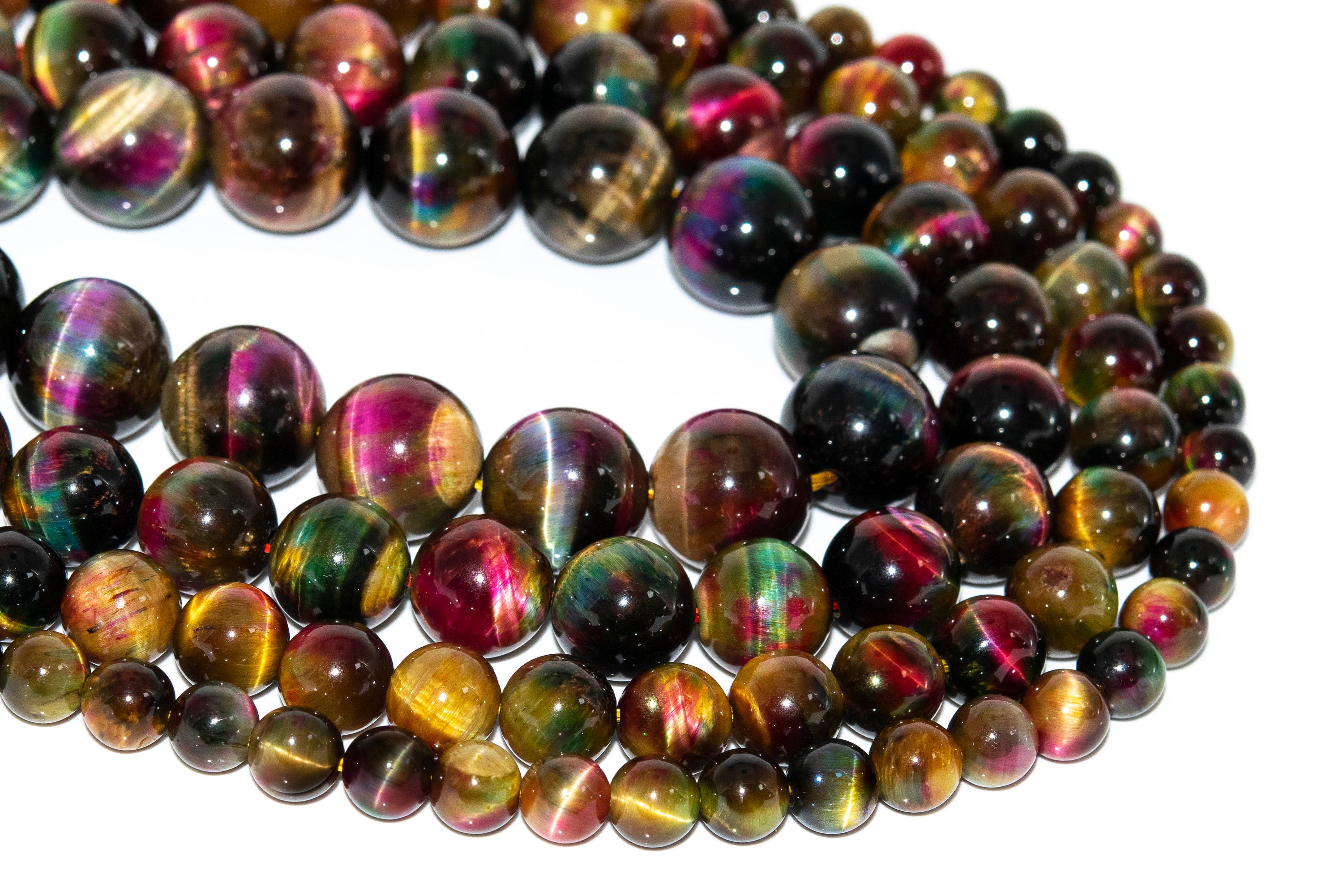 Perline sciolte multicolore in occhio di tigre e occhio di gatto, grado AAA, forma rotonda, 6 mm, 8 mm, 10 mm, 12 mm