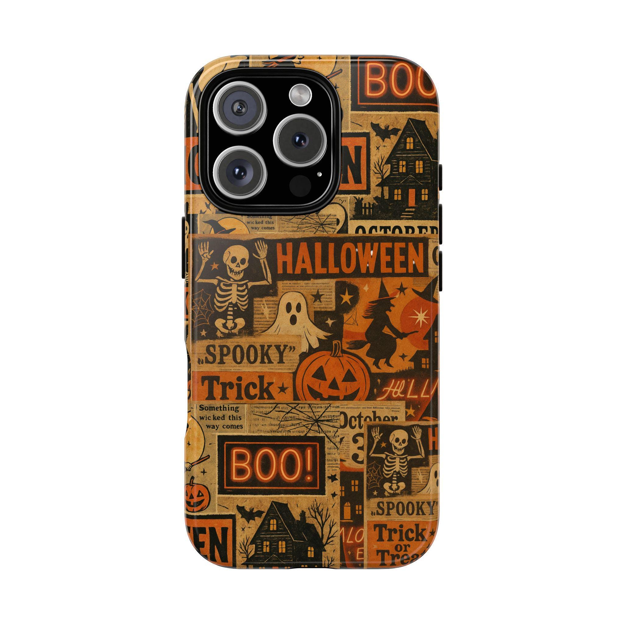 Cover per telefono con collage retrò di Halloween, estetica vintage spettrale per iPhone 16 15 14 13 12 Pro Max Samsung S24 S23, cover per telefono di