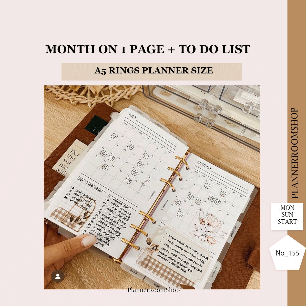 Inserti pianificatore mensile stampabile, Mese su 1 pagina per dimensione pianificatore anelli A5, Calendario non datato con attività e cose da fare,