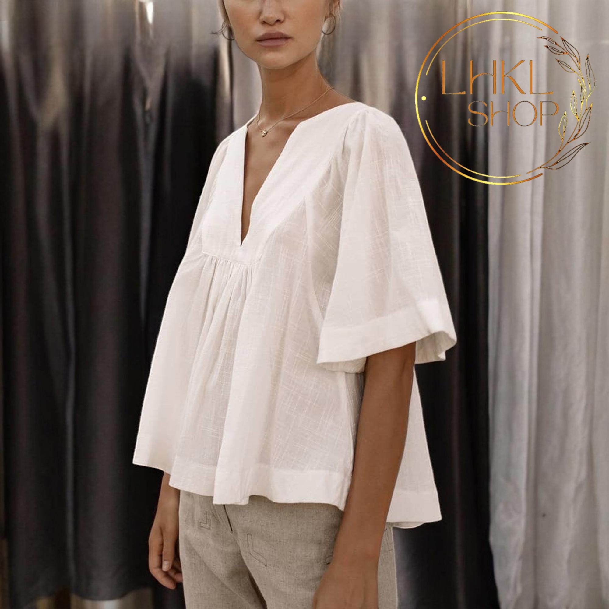 Top largo in lino da donna, camicia estiva da donna, top con scollo a V, camicetta estiva in lino, camicetta larga in lino, top a maniche corte, magli