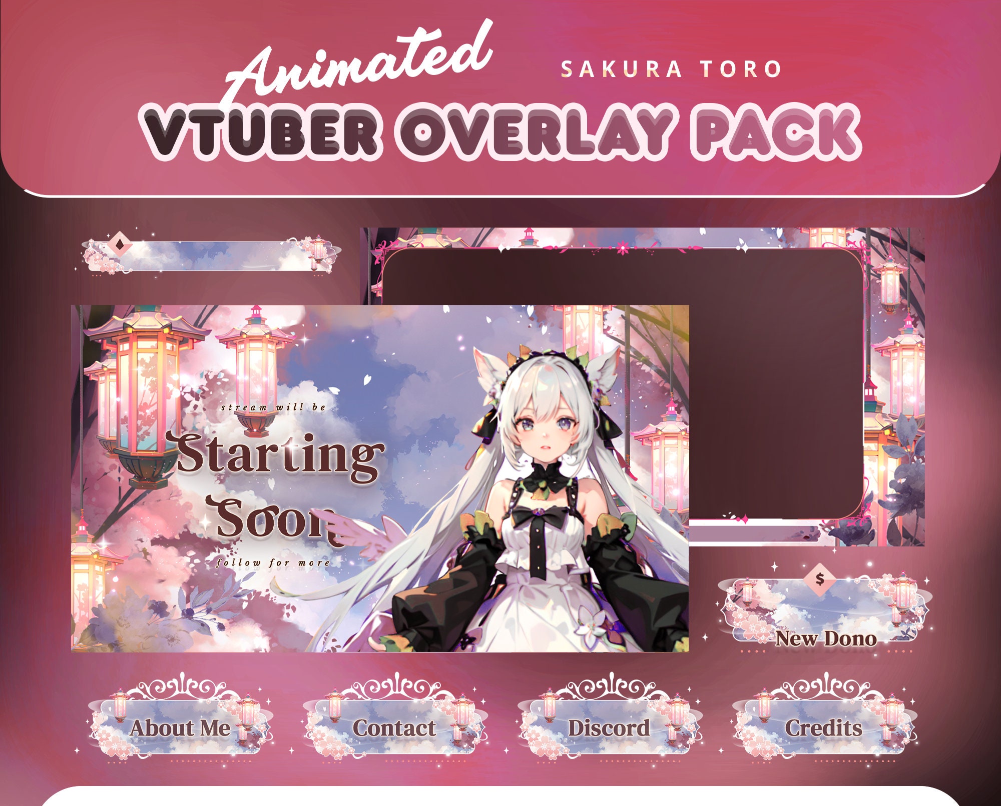 Kawaii Japanese Stream Pack / Sakura Toro Furin Animated Overlay / Twitch Youtube Kick / Alerts Panels Transitions / OBS Streamlabs